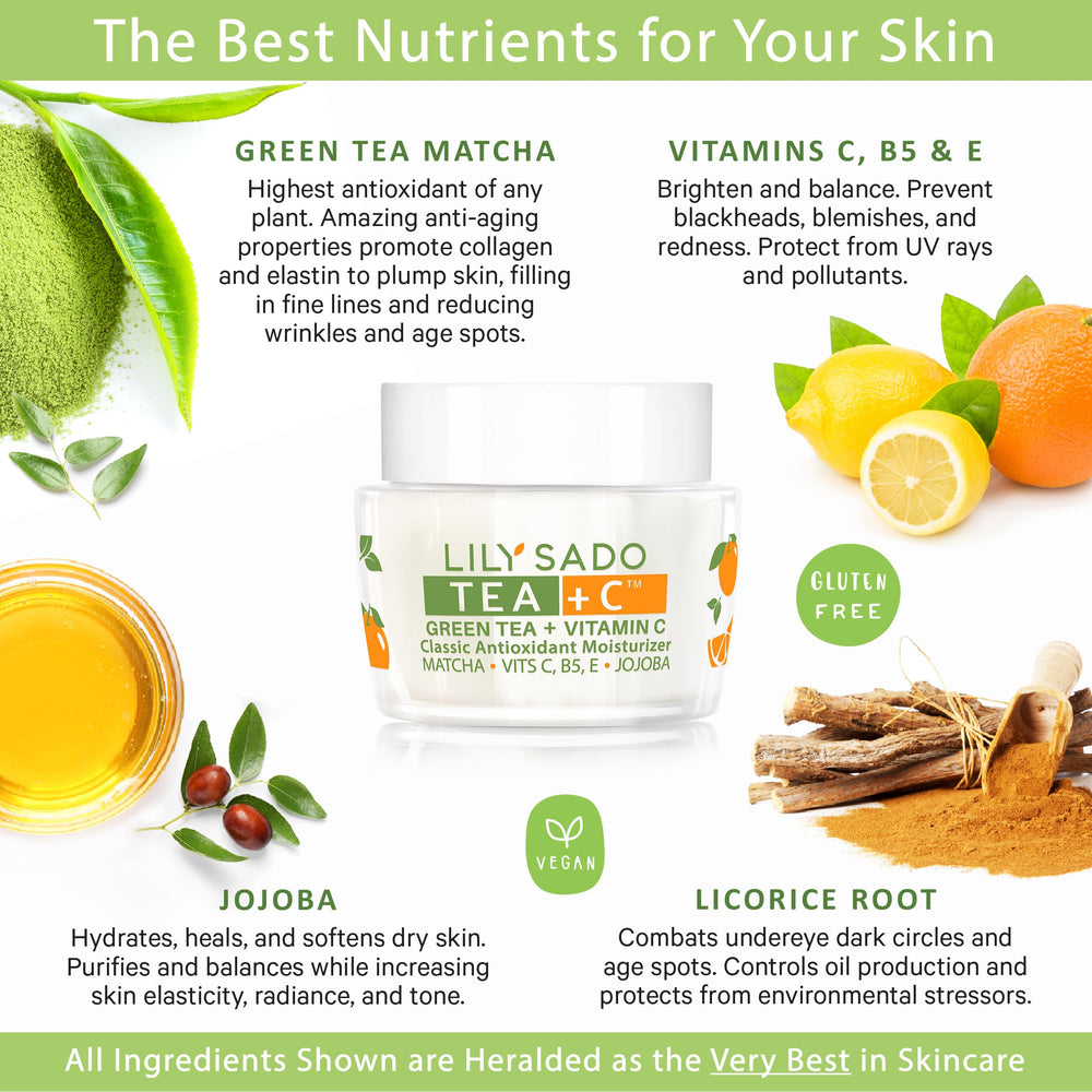 LILY SADO Tea+C ingredients closeup emphasizes green tea matcha and vitamin C benefits