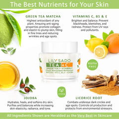 LILY SADO Tea+C ingredients closeup emphasizes green tea matcha and vitamin C benefits