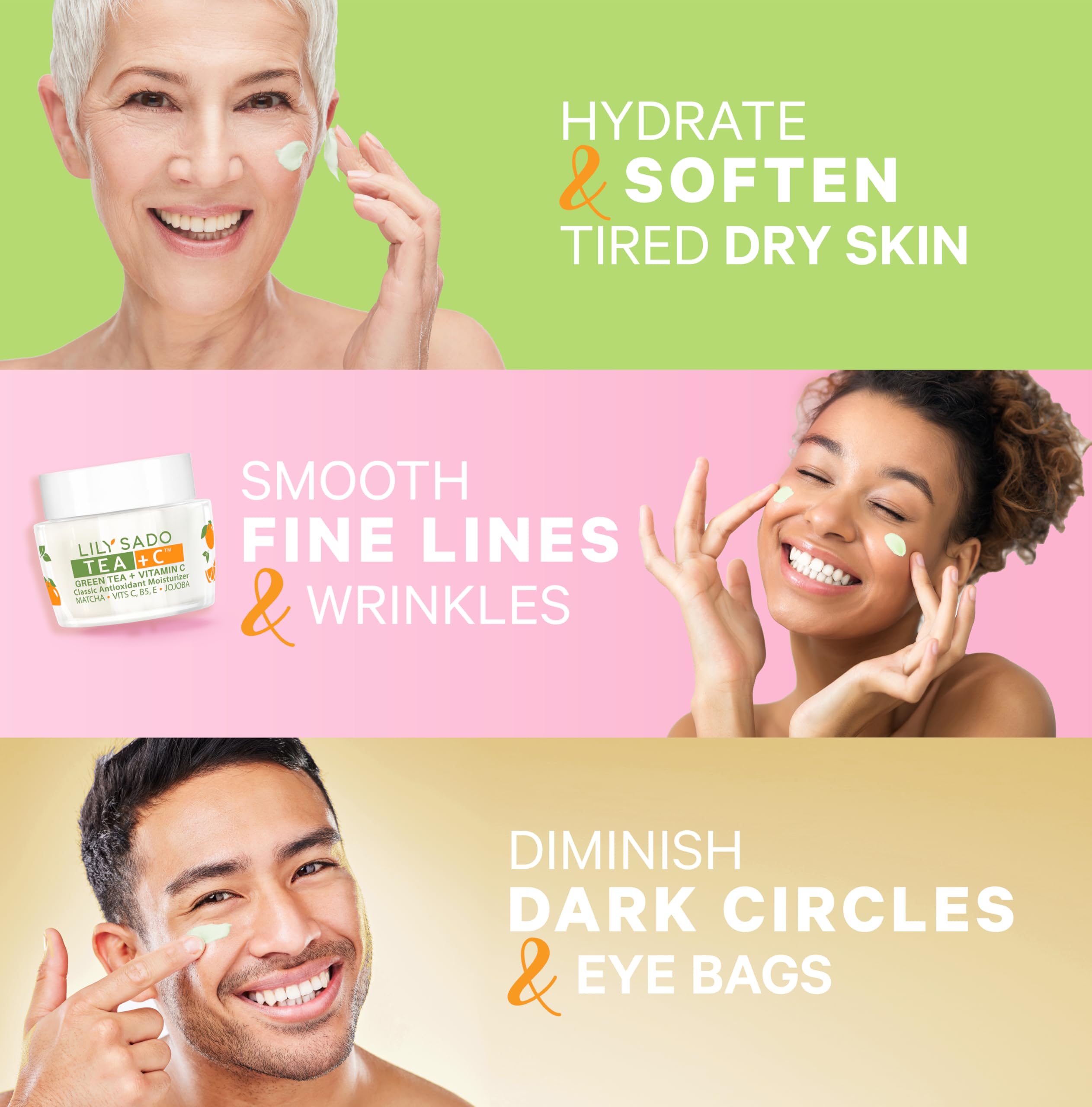 LILY SADO Tea+C skin toned face shows suitability for all skin tones and types