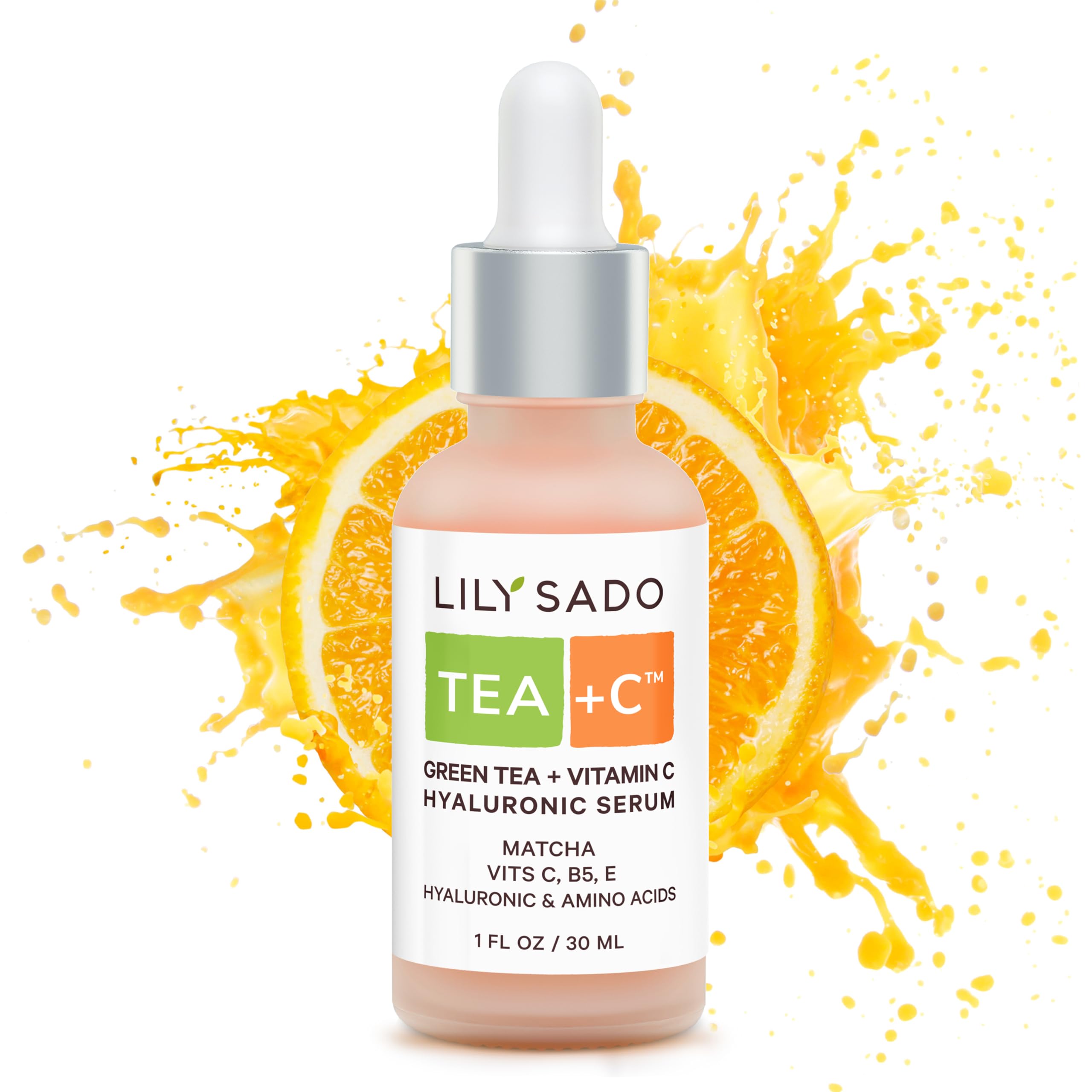 LILY SADO Tea+C serum bottle pouring for hydrated, glowing skin