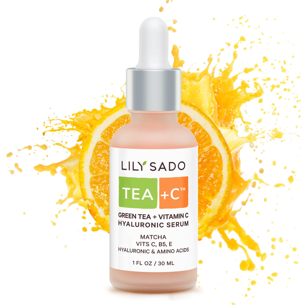 LILY SADO Tea+C serum bottle pouring for hydrated, glowing skin