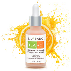 LILY SADO Tea+C serum bottle pouring for hydrated, glowing skin