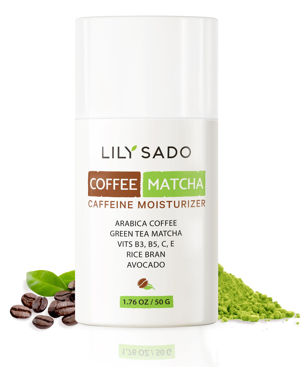 LILY SADO Tea+C Coffee & Matcha moisturizer bottle highlighting antioxidant hydration