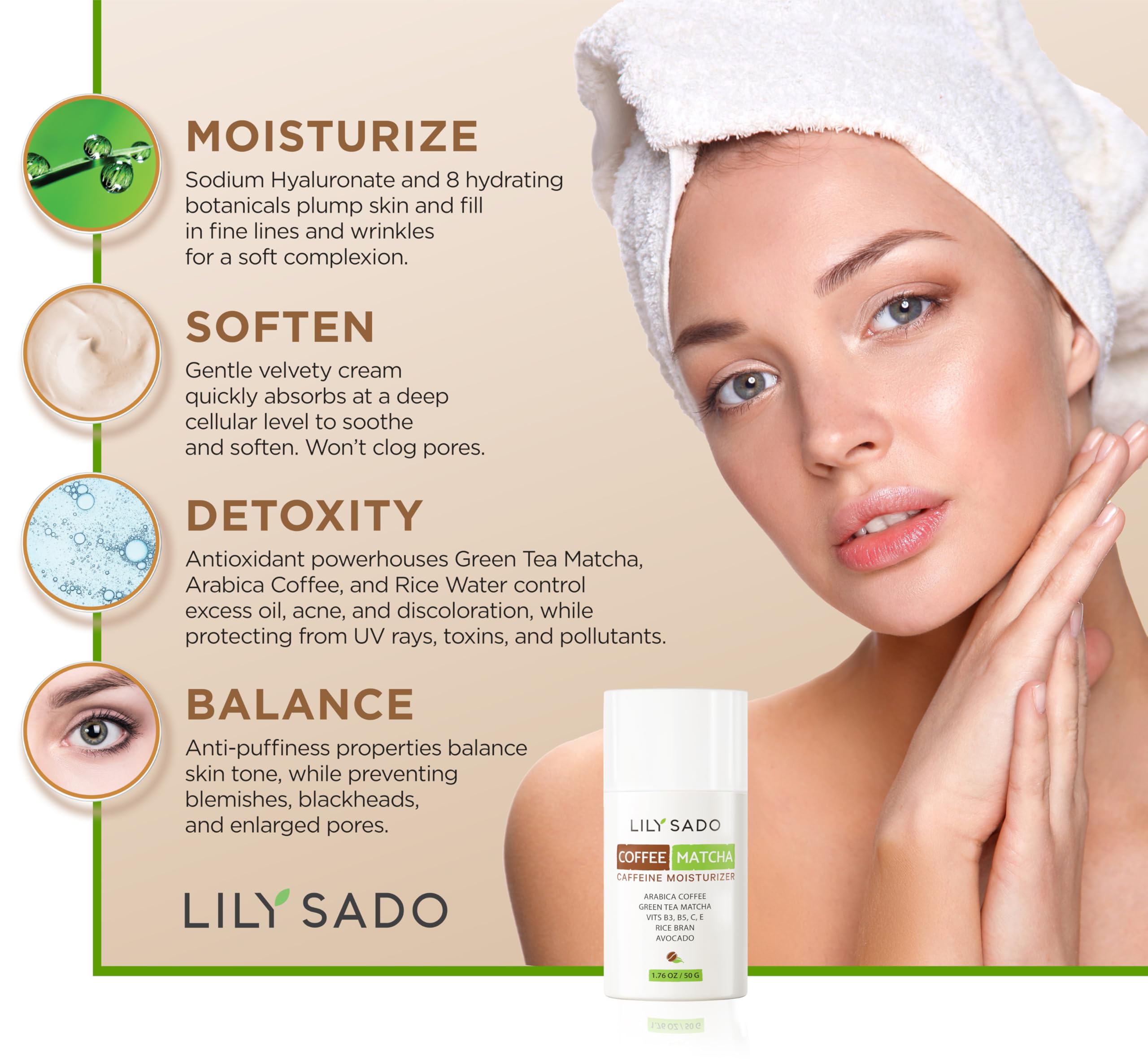LILY SADO Tea+C moisturizer closeup highlights green tea and coffee’s natural glow