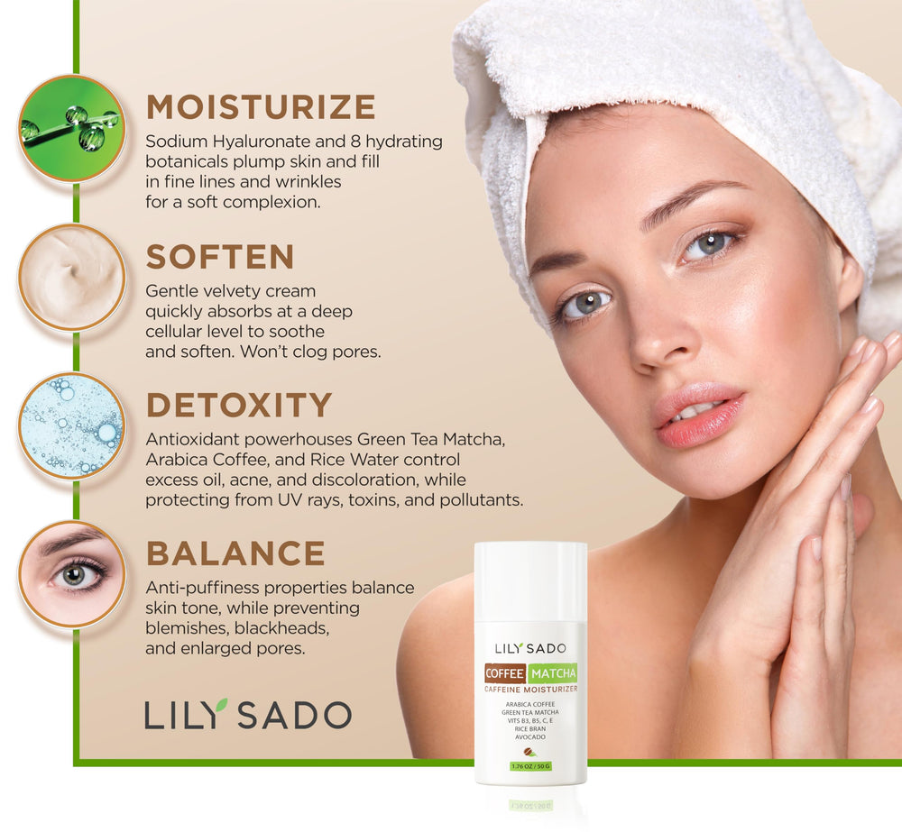 LILY SADO Tea+C moisturizer closeup highlights green tea and coffee’s natural glow