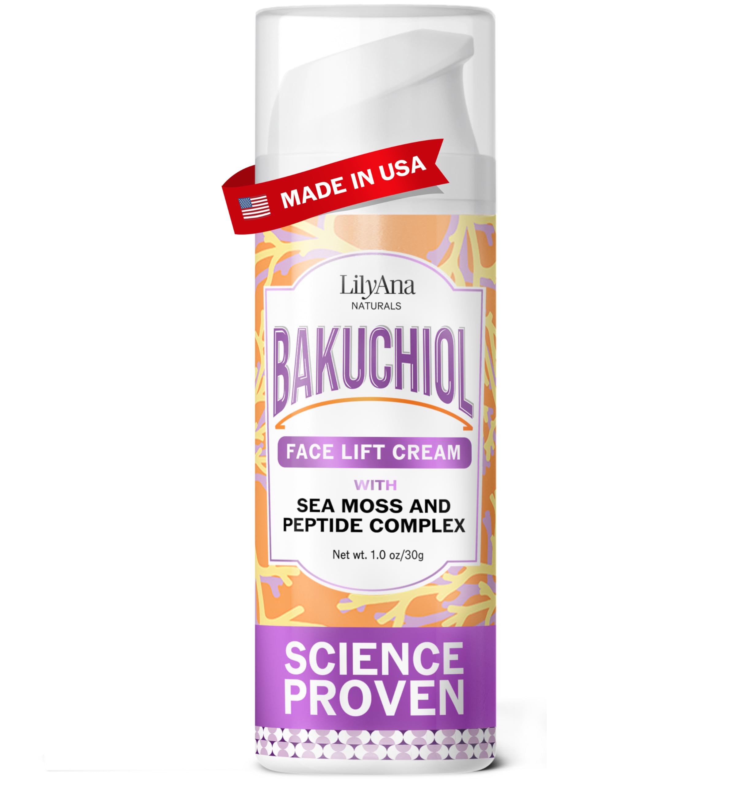 LilyAna Naturals Bakuchiol Face Lift Cream bottle demonstrates firming potential for daily use