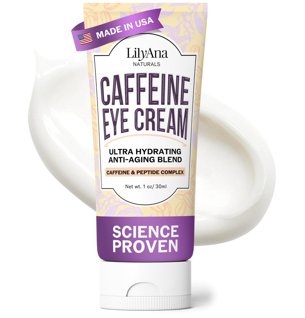 LilyAna Naturals caffeine eye cream tube close-up for hydrated under-eye skin