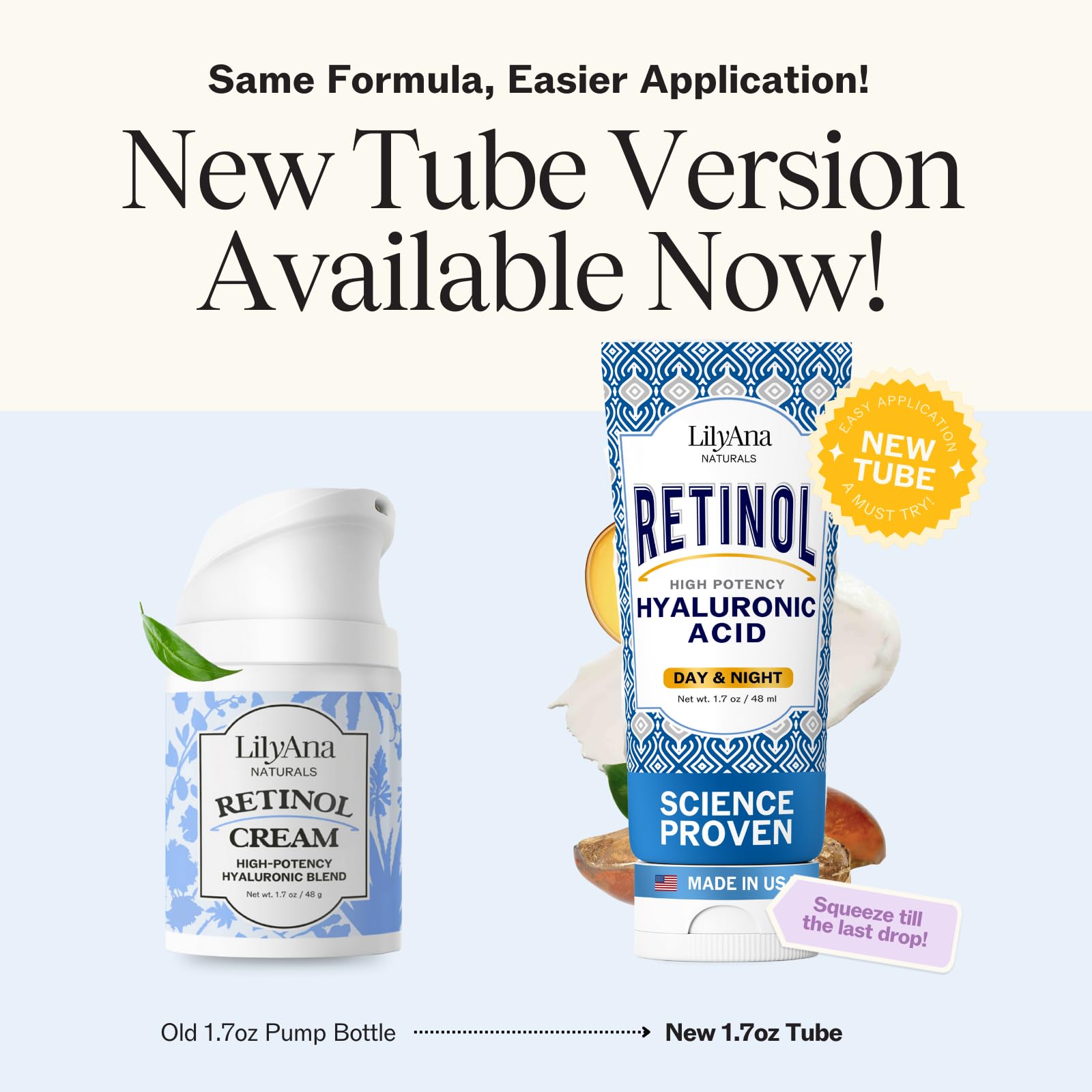 LilyAna Naturals retinol cream label – premium packaging highlighting key ingredients.