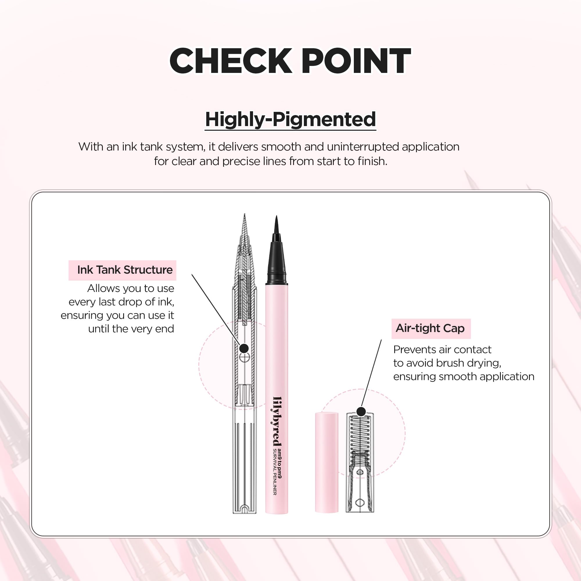 Lilybyred AM9 to PM9 Survival Penliner fast-drying formula close-up ready for immediate application.