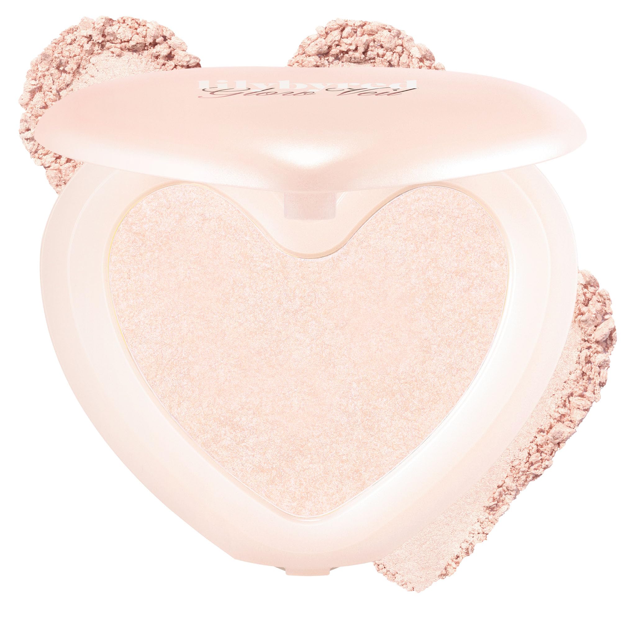 Lilybyred Luv Beam Glow Veil heart-shaped highlight on cheeks for radiant definition.