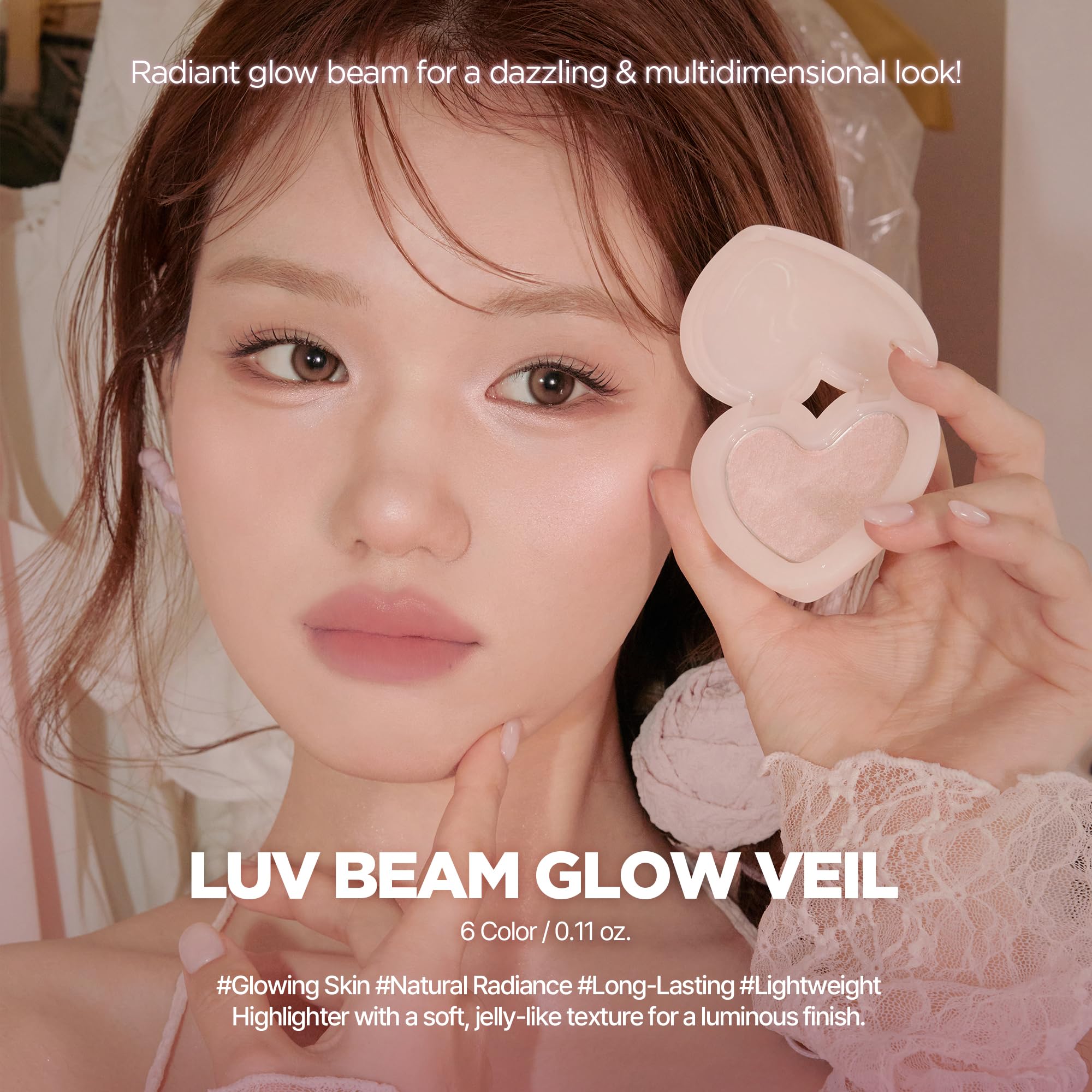 Lilybyred Luv Beam Glow Veil pearlescent shimmer on brow bones for lift.