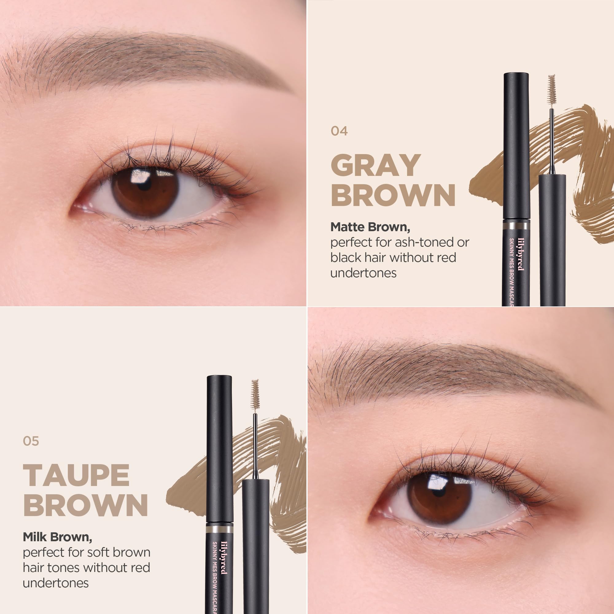 Lilybyred Skinny Mes Brow Mascara features a beginner-friendly slim brush for precise application.