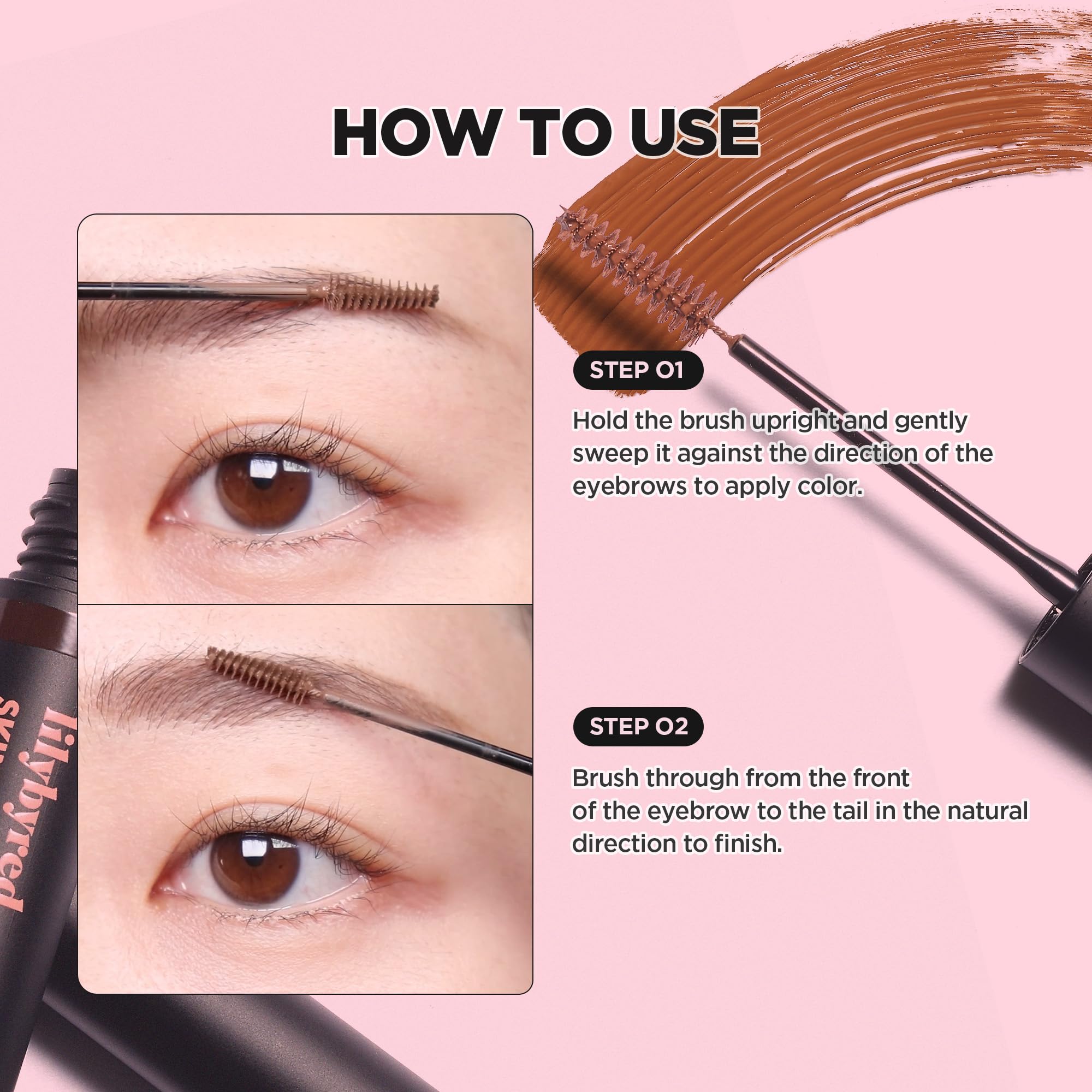 Lilybyred Skinny Mes Brow Mascara provides long-lasting color for vibrant brows.