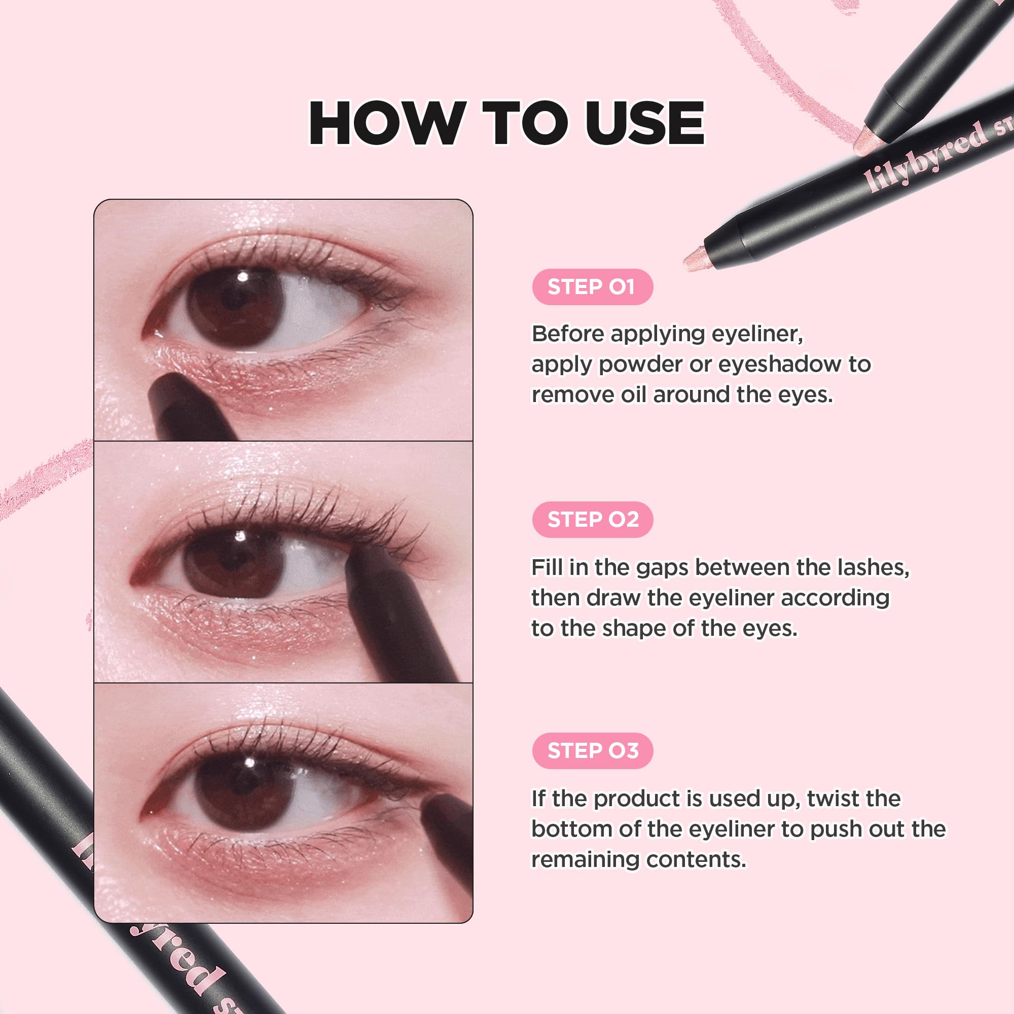 lilybyred Starry Eyes packaging highlights built-in sharpener for quick touch-ups.