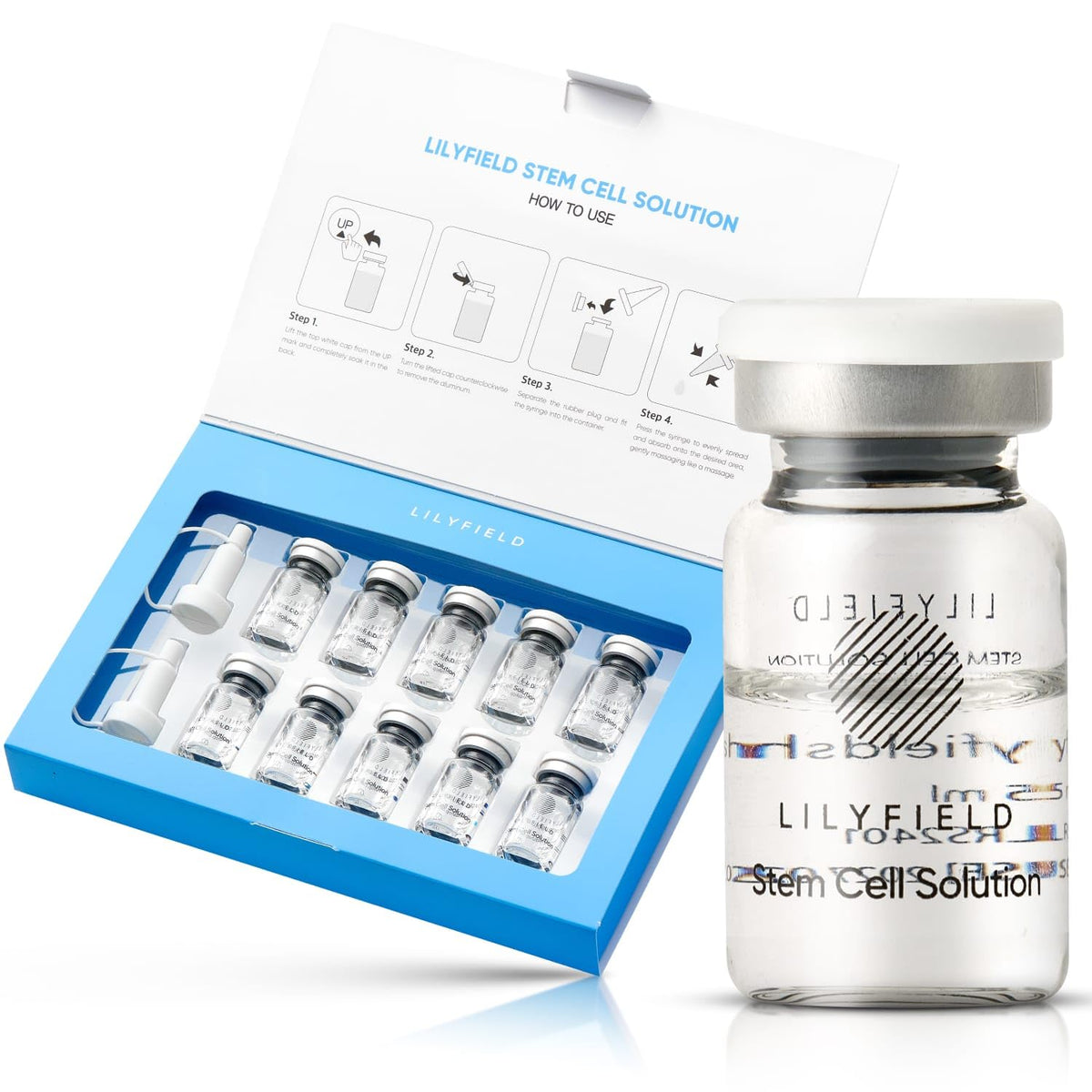 LILYFIELD Stem Cell Solution bottle front, premium packaging for daily hydration.