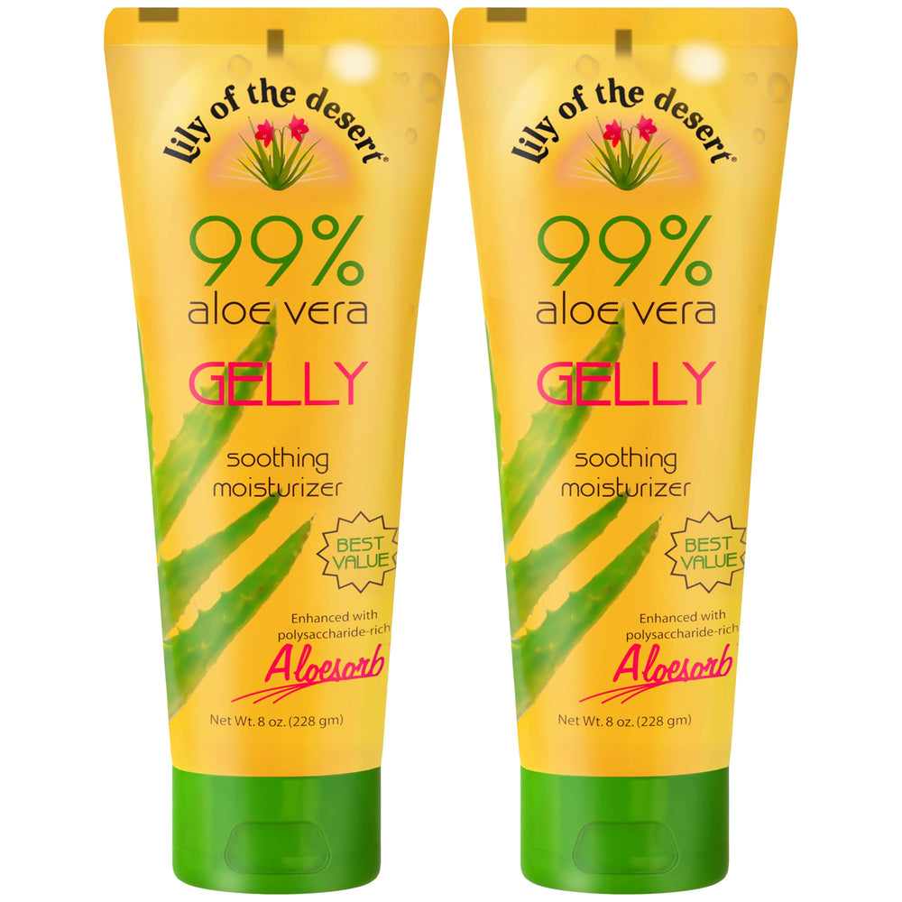 Lily Of The Desert Gelly moisturizer bottle closeup for soothing hydration.
