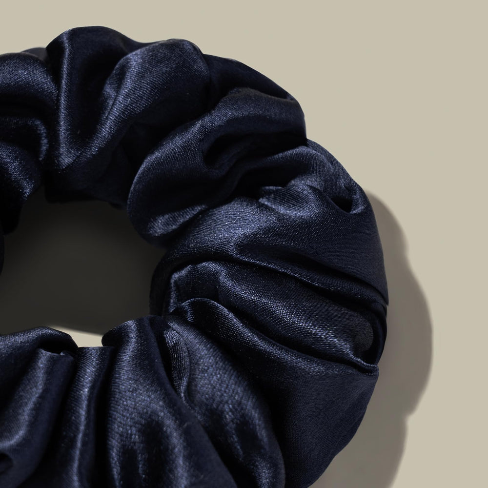 LilySilk silk hair scrunchie in navy blue pairs with any outfit.