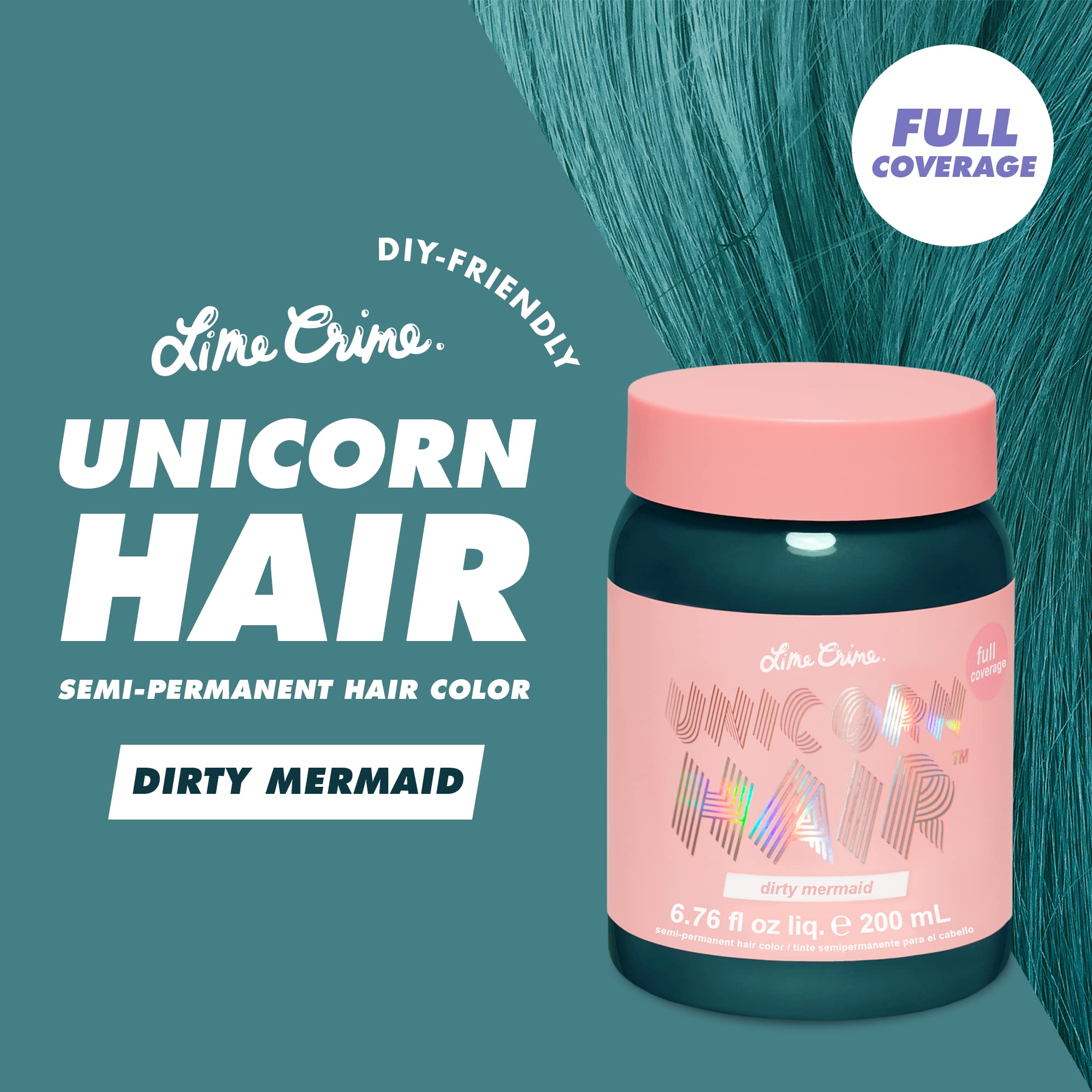 Lime Crime Dirty Mermaid swatch on hair demonstrates seafoam vibrancy and shine.