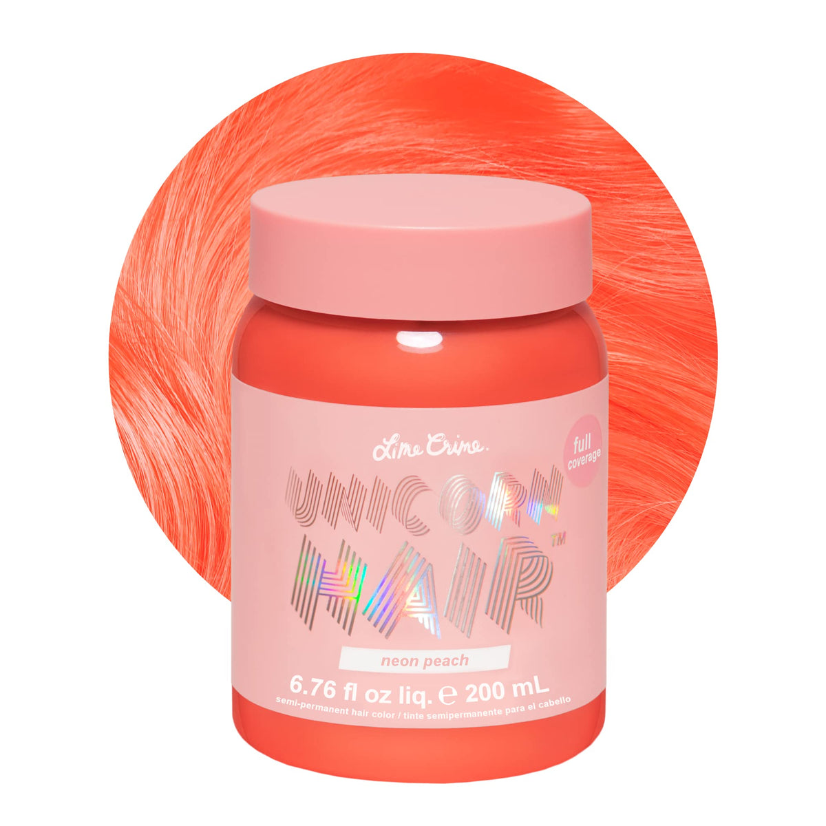 Lime Crime Neon Peach dye bottle close-up showing vibrant vegan color payoff.