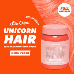Lime Crime Neon Peach on hair demonstrates rich color deposit and shine.