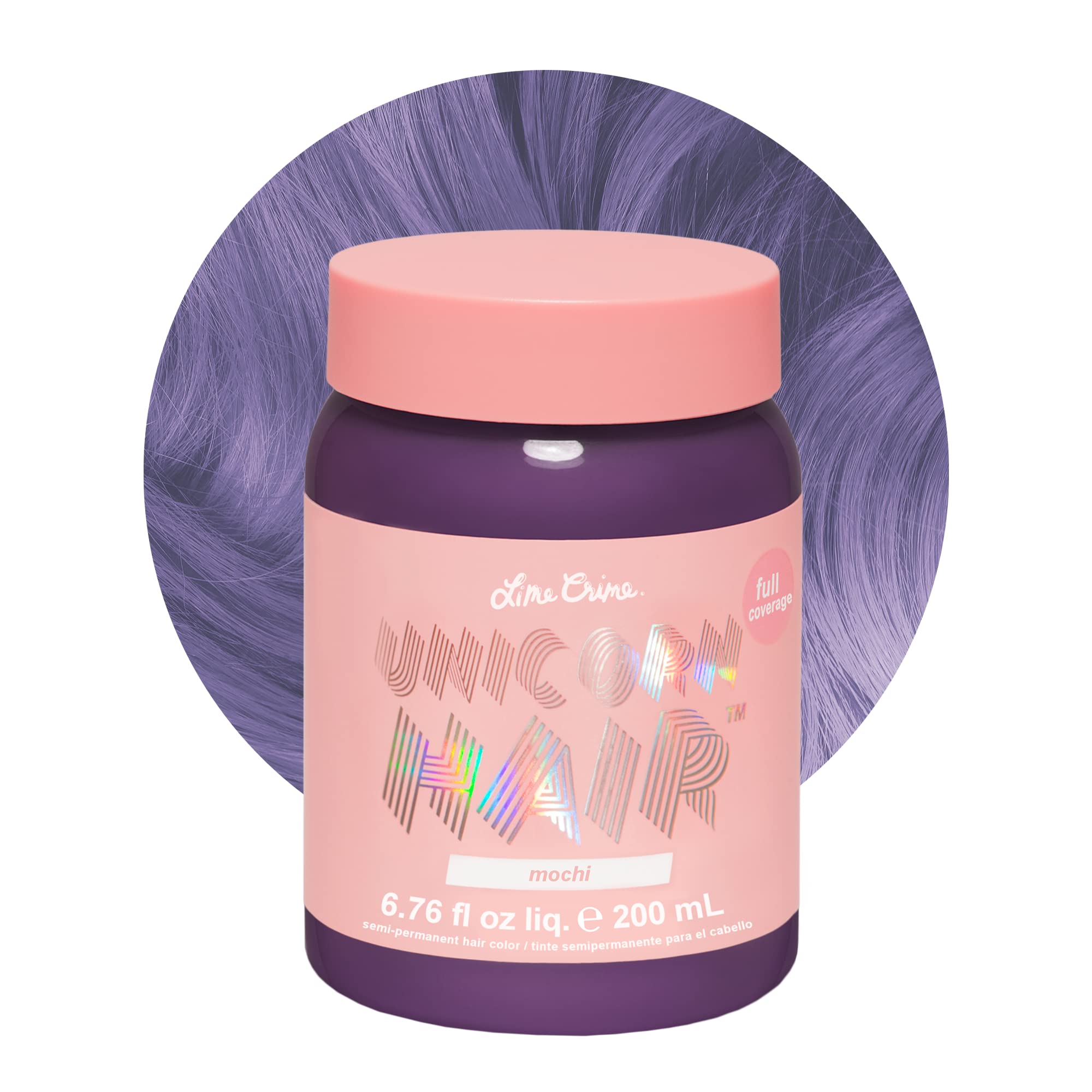 Lime Crime Unicorn Hair Dye Mochi bottle shows lavender color for vibrant at-home use.