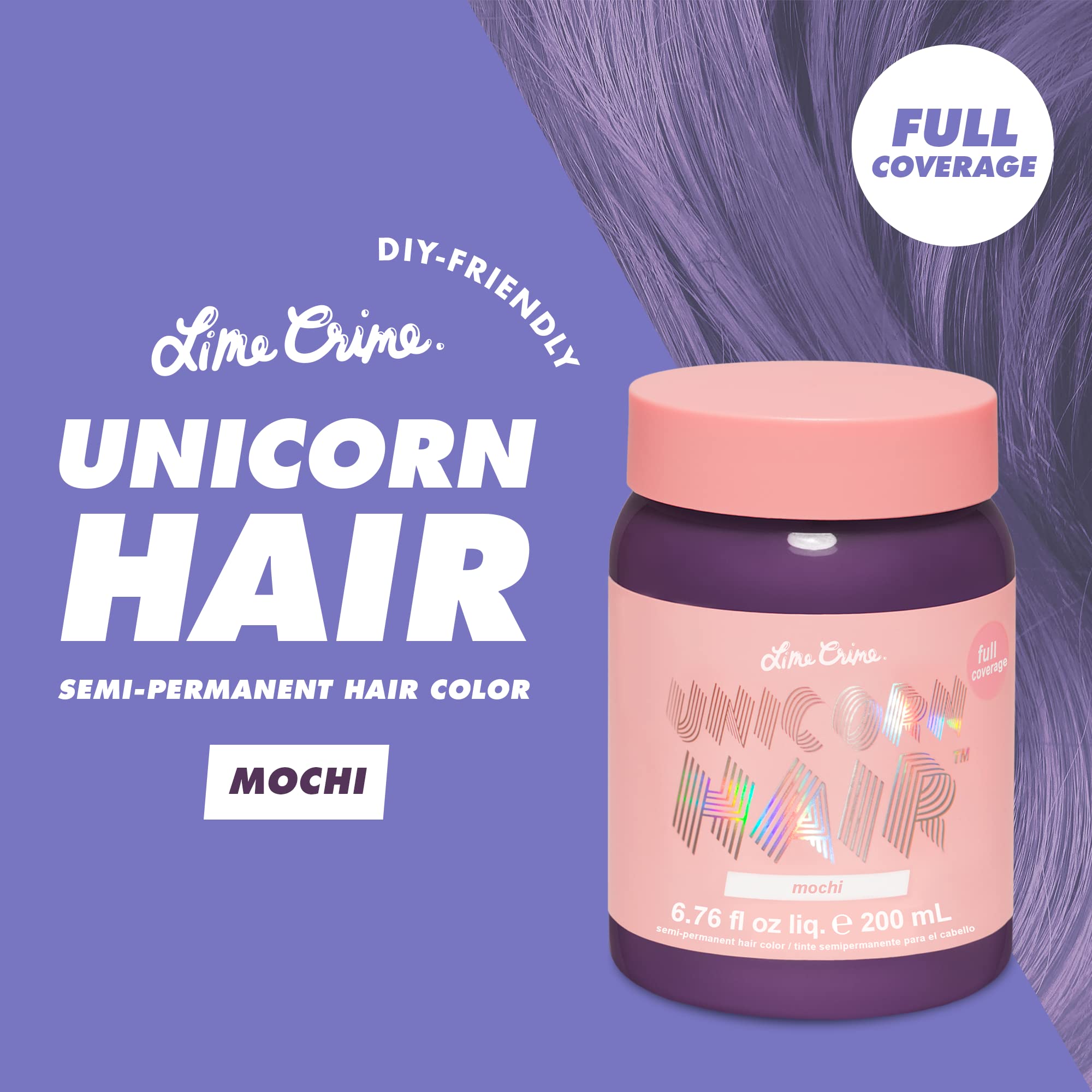 Lime Crime Unicorn Hair Dye Mochi swirl demonstrates lavender shade in a glossy mix.