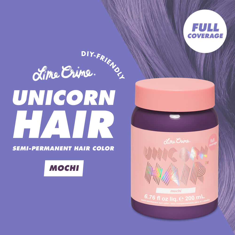 Lime Crime Unicorn Hair Dye Mochi swirl demonstrates lavender shade in a glossy mix.