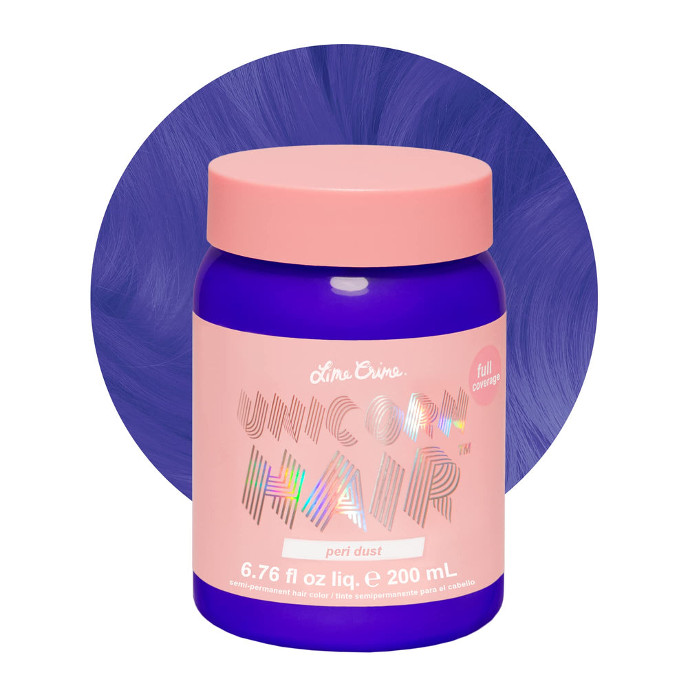 Lime Crime Peri Dust dye bottle in a vivid blue shade for at-home color
