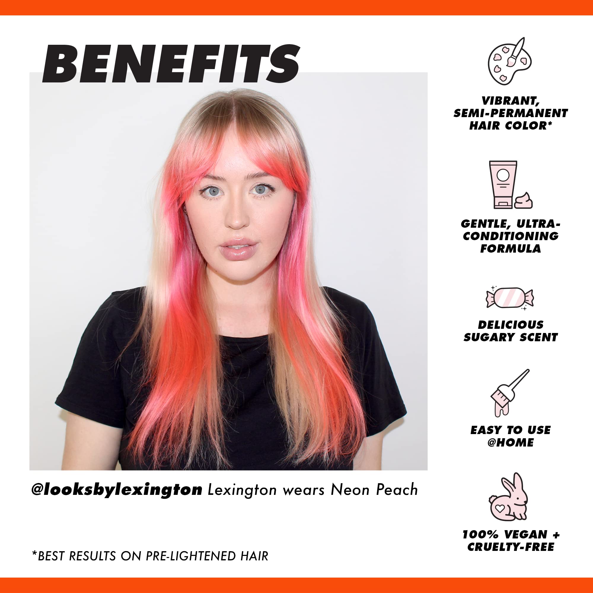 Lime Crime Neon Peach packaging highlights a damage-free semi-permanent formula.