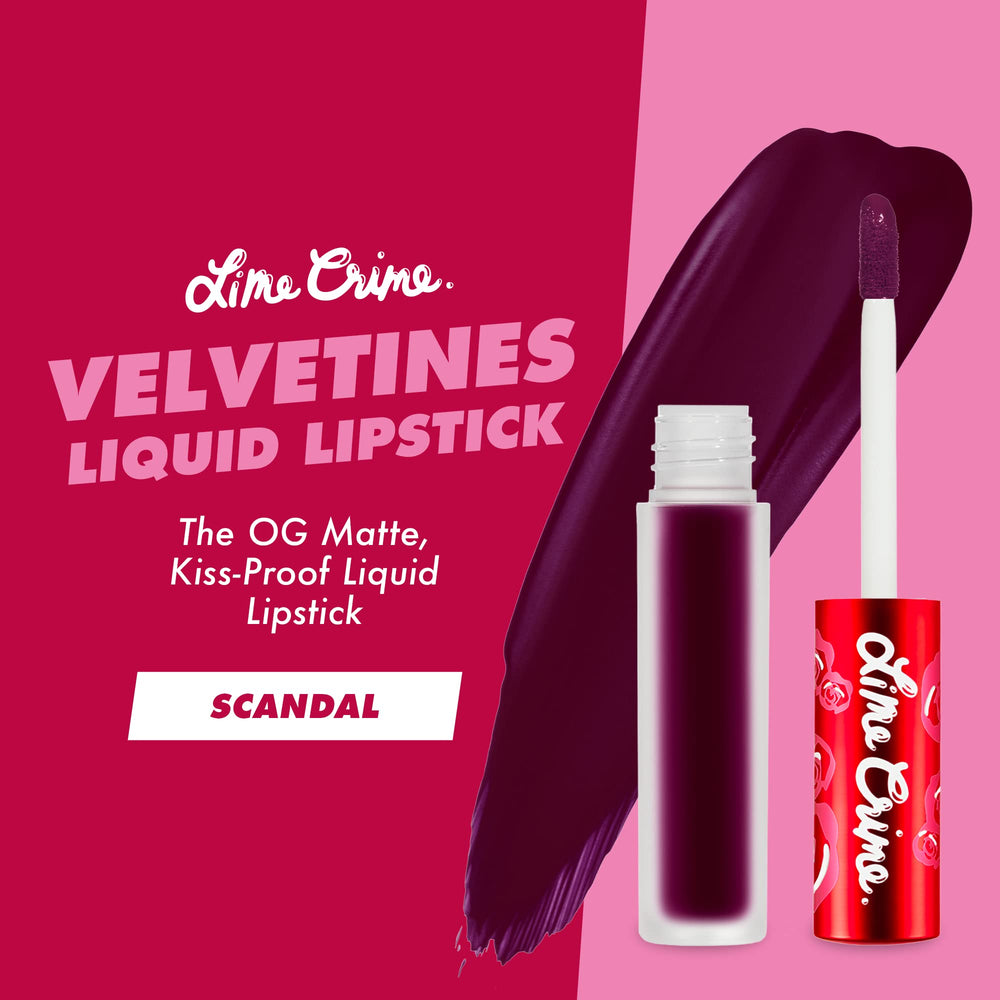 Lime Crime Velvetines Scandal swatch reveals deep plum pigment with long-lasting appeal.
