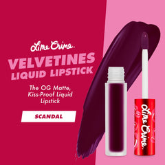 Lime Crime Velvetines Scandal swatch reveals deep plum pigment with long-lasting appeal.