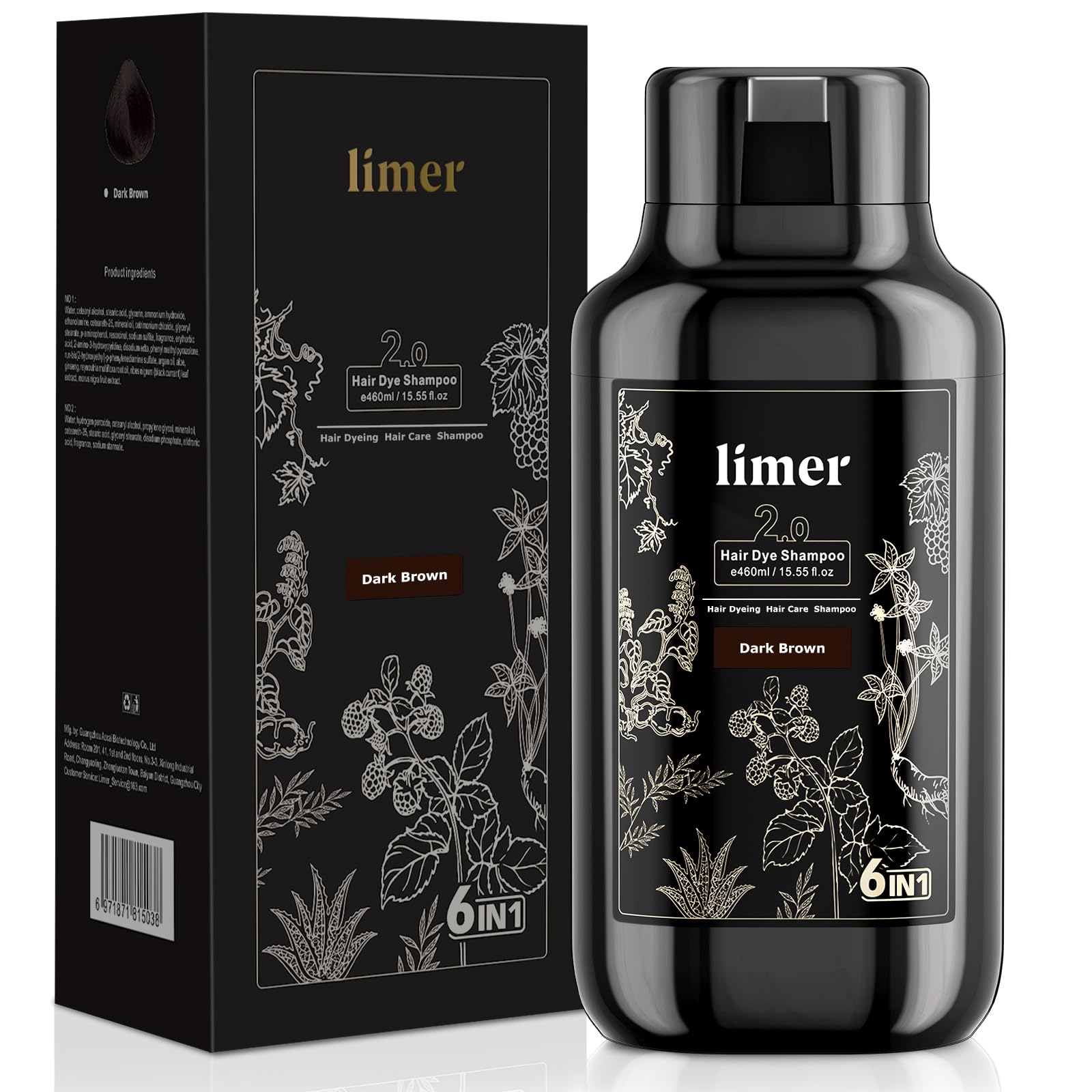 Limer Hair Dye Shampoo bottle showing natural dark brown color for gray coverage.