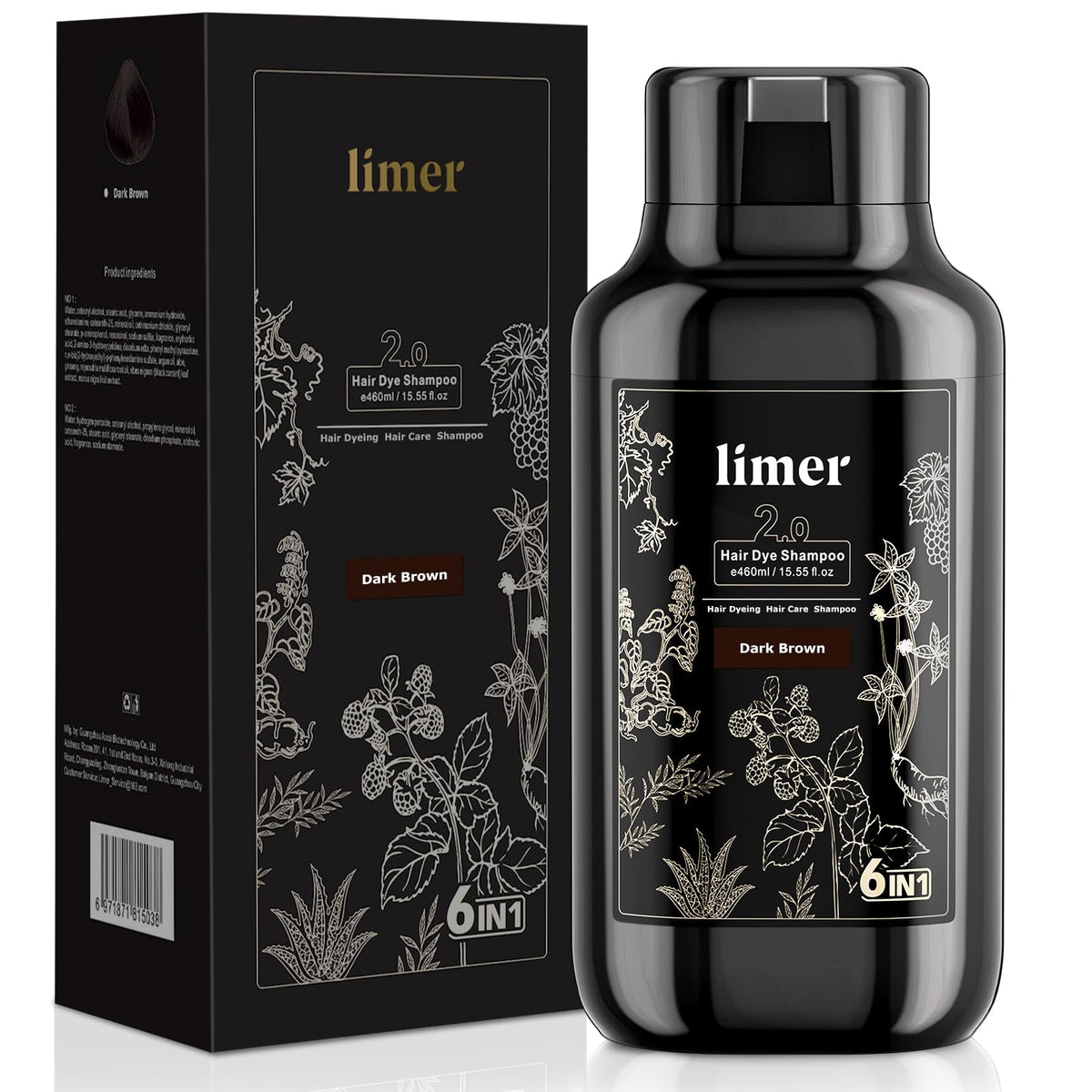 Limer Hair Dye Shampoo bottle showing natural dark brown color for gray coverage.