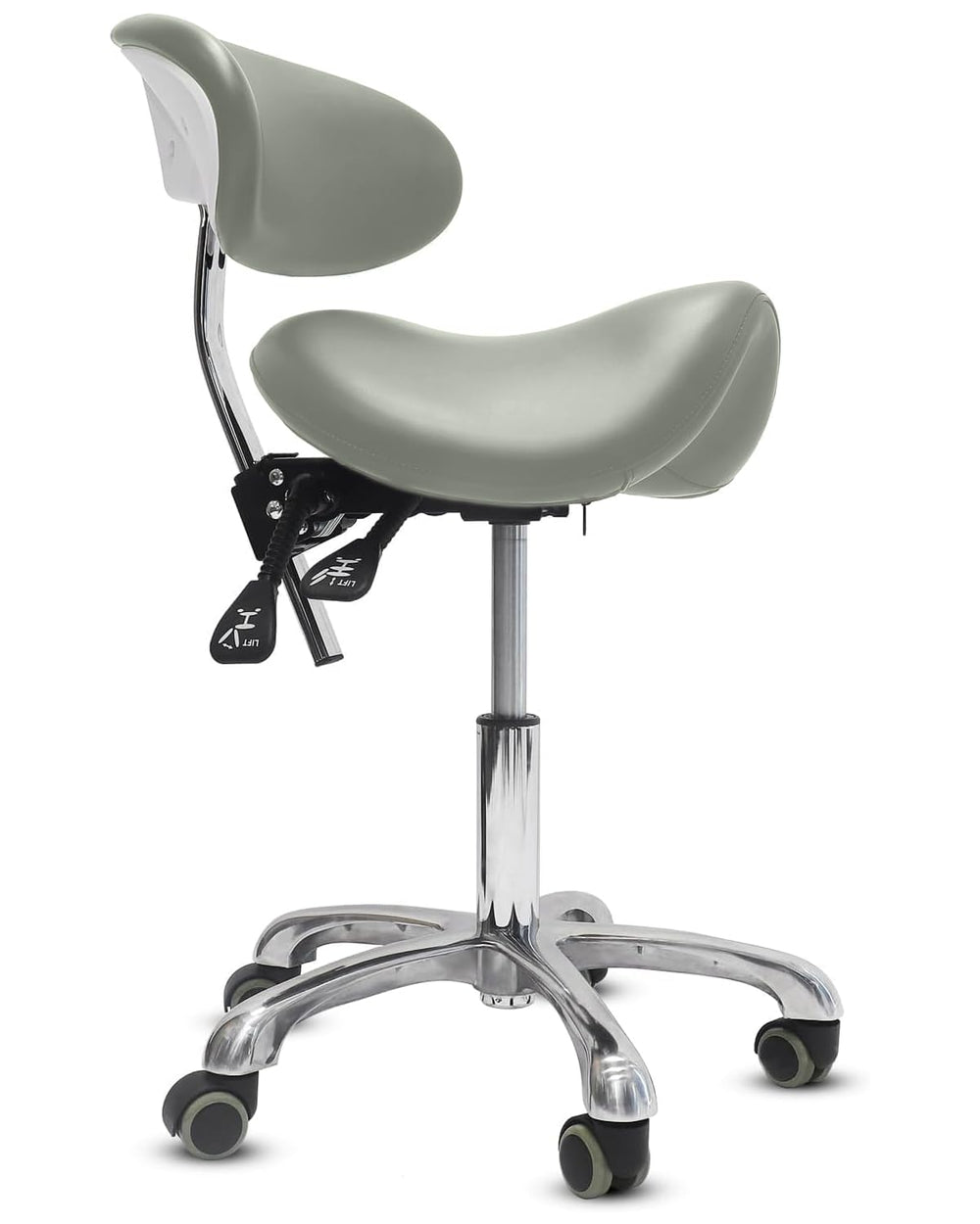 LIMKOMES saddle stool with wheels and back support enhances mobility and comfort on grey upholstery