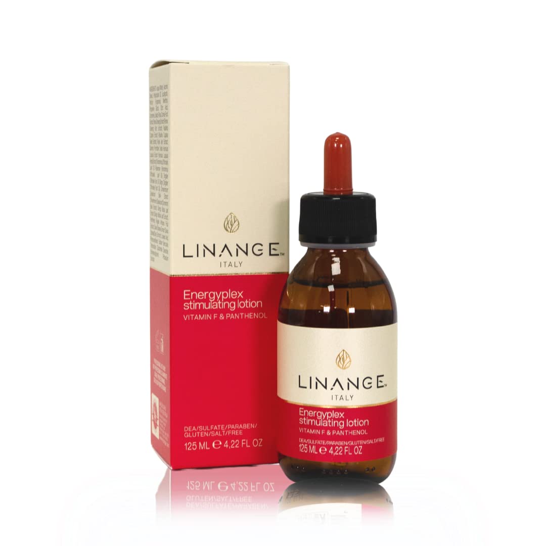 Linange Energyplex stimulating lotion in a bathroom setting, ready for daily use.