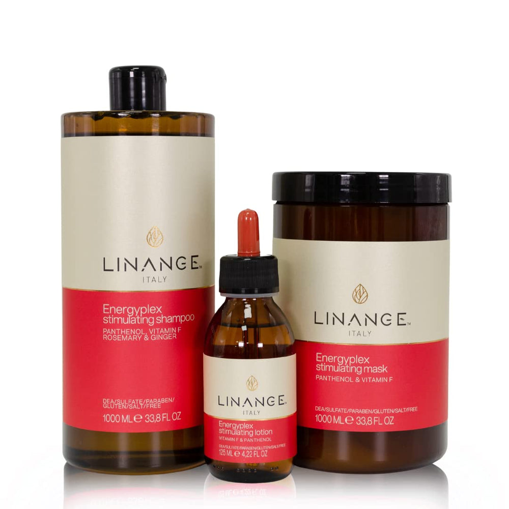 Linange Energyplex stimulating lotion bottle with user applying to thinning areas.