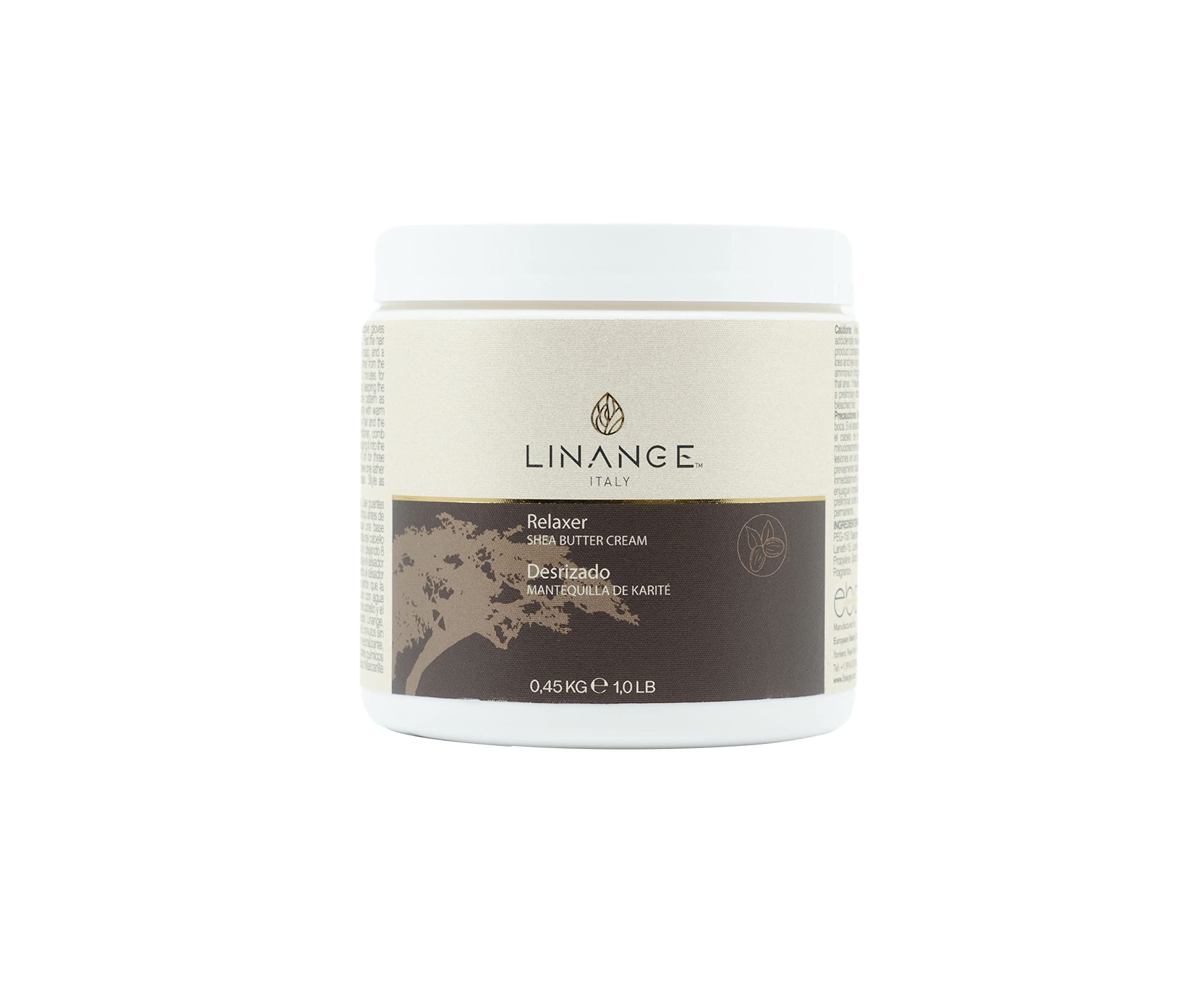 Linange Relaxer with Shea Butter packaging close-up, highlighting nourishing formula for processing hair.