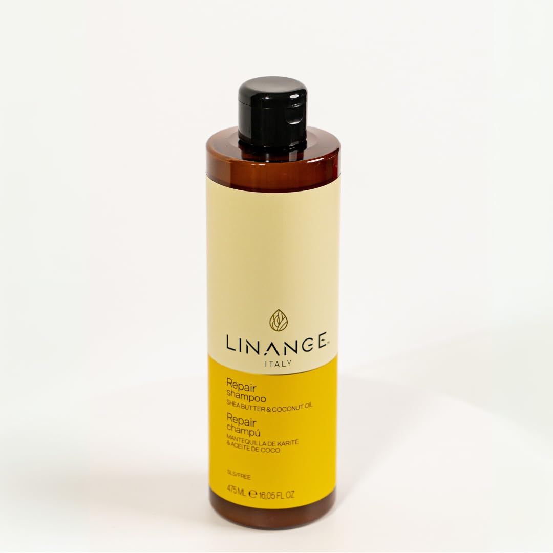 LINANGE Repair Shampoo close-up highlights nourishing action for treated hair.