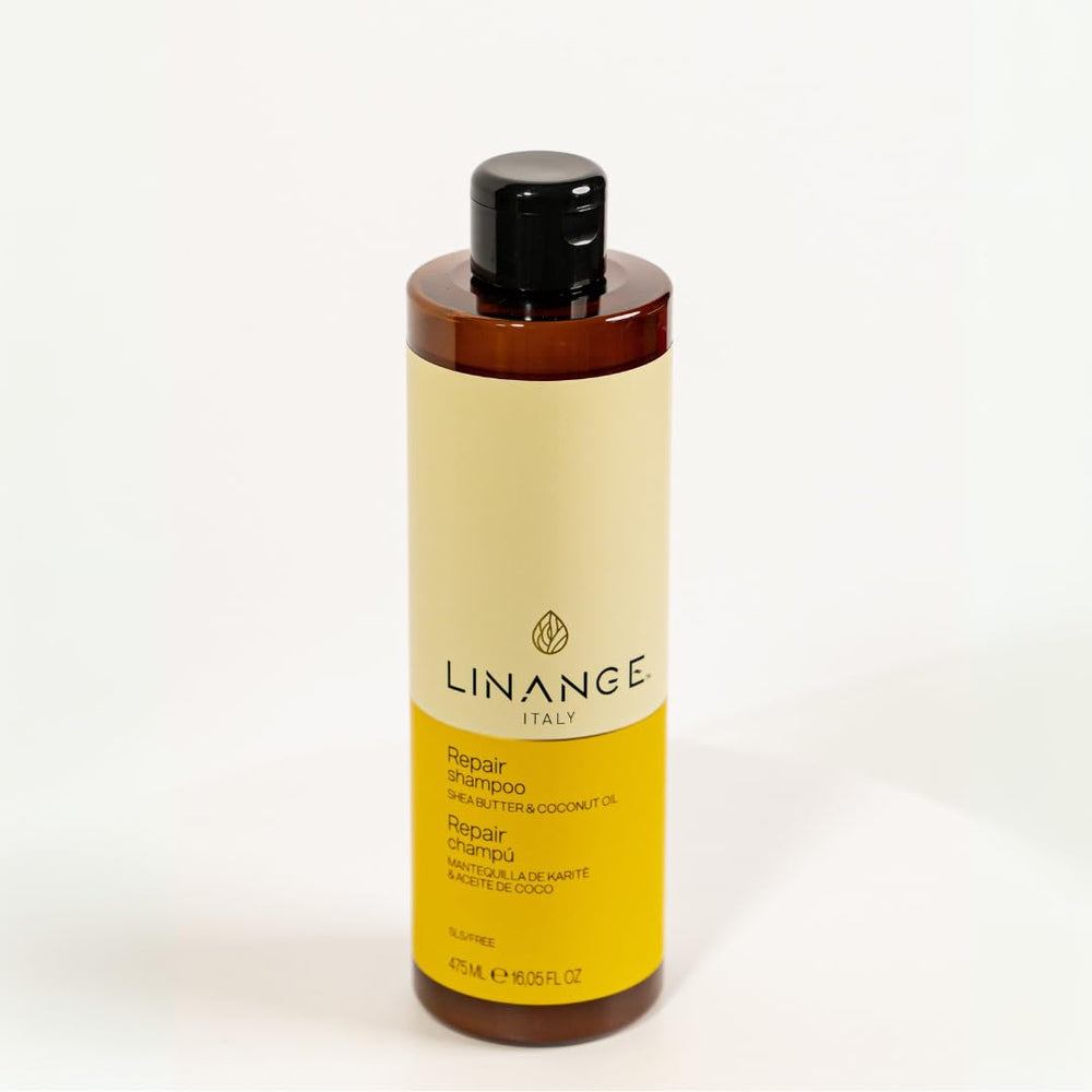 LINANGE Repair Shampoo close-up highlights nourishing action for treated hair.