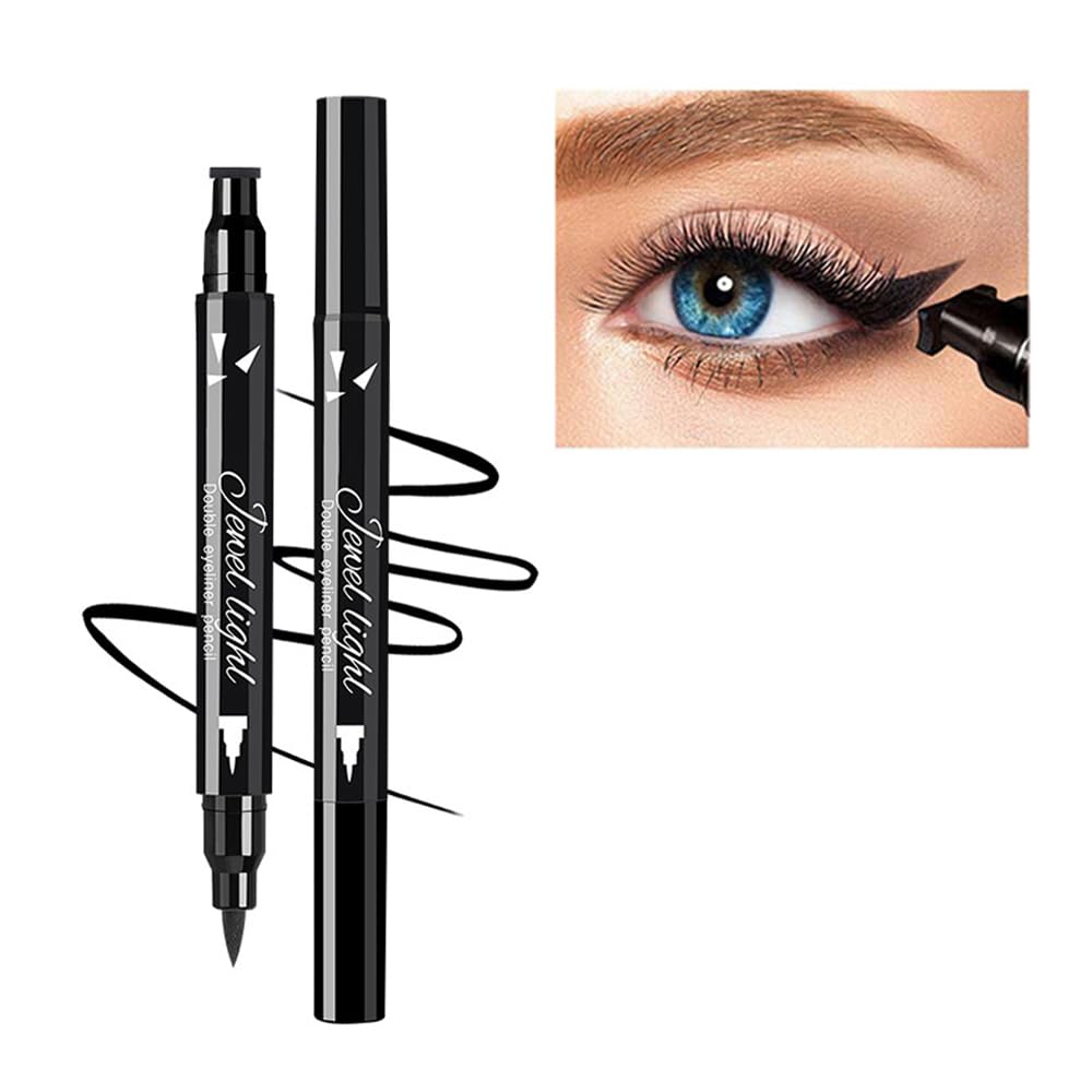Linble dual-ended black eyeliner with wing stamp close-up for quick cat-eye application.