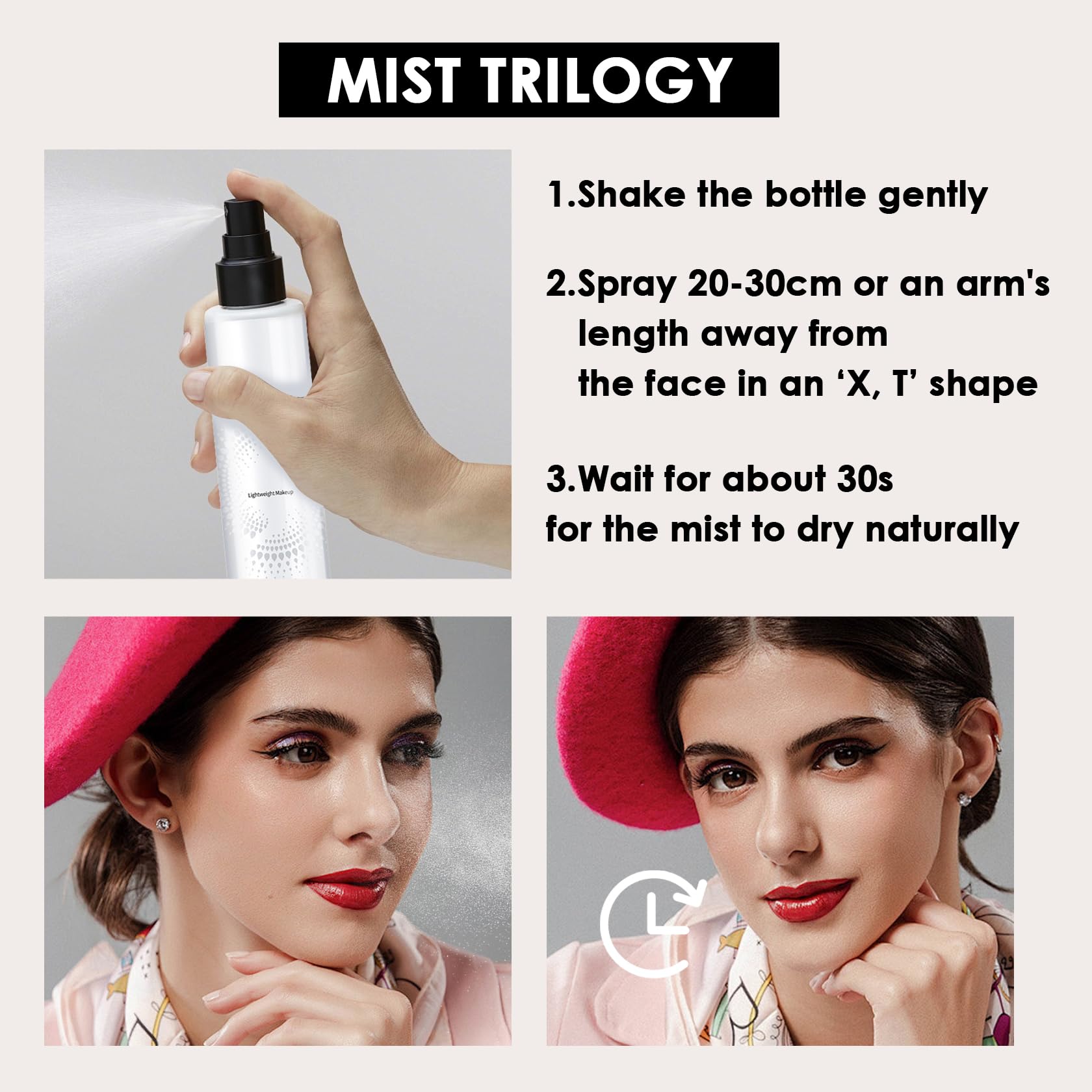 Before and after shot suggests smudge-free makeup all day