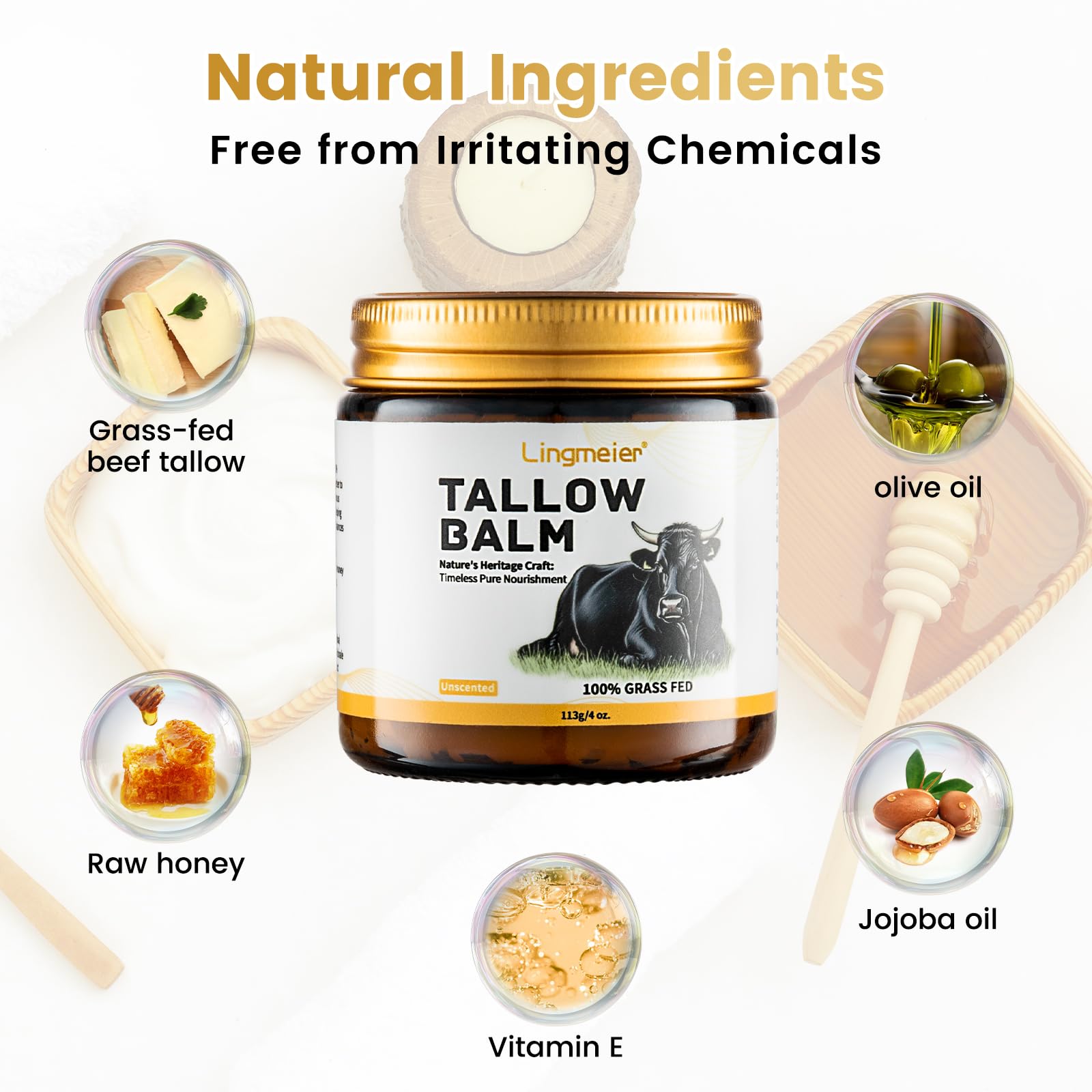 Lingmeier beef tallow balm jar closeup unscented demonstrates natural moisture for sensitive skin