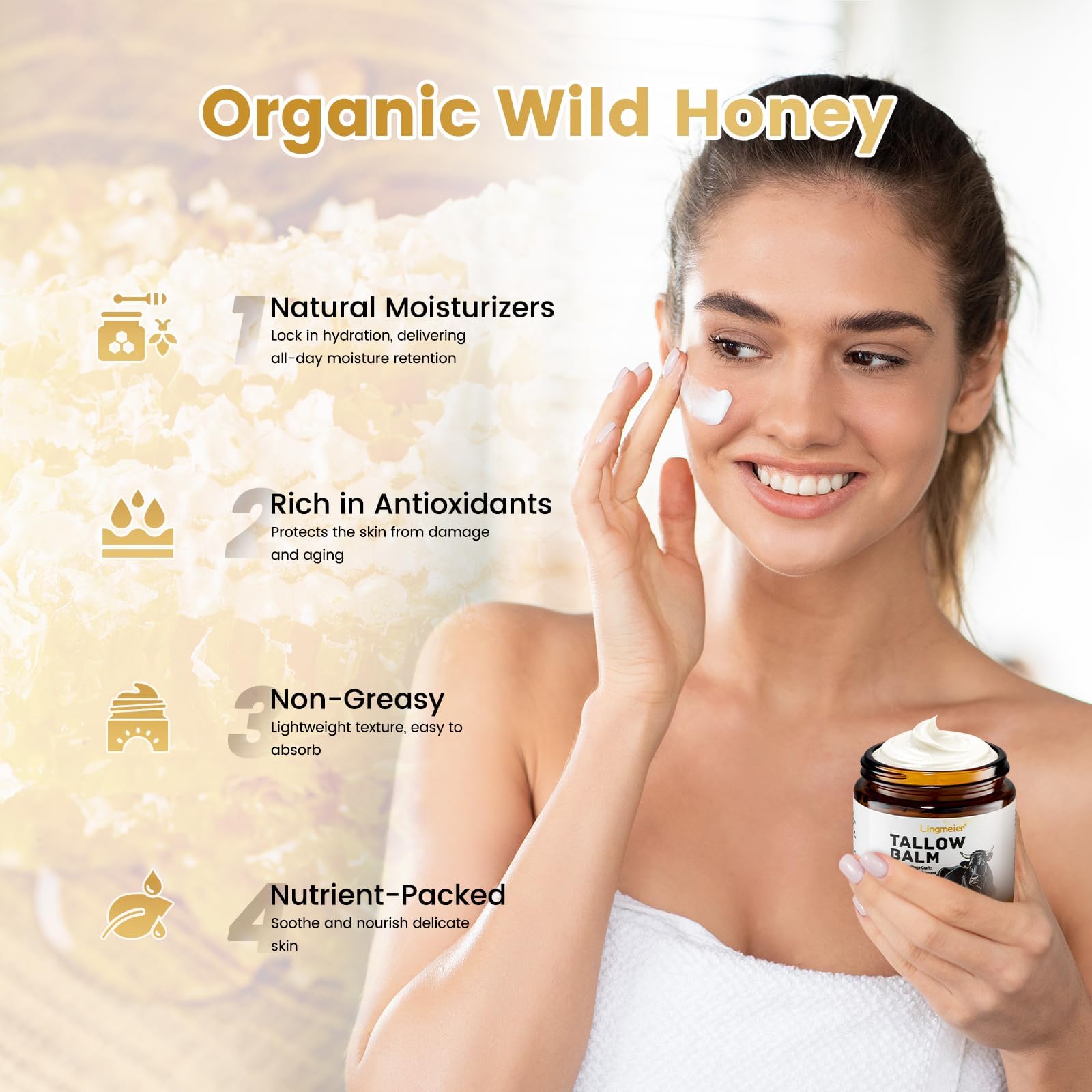 Lingmeier balm with honey and vitamin E nourishes subtle moisture.