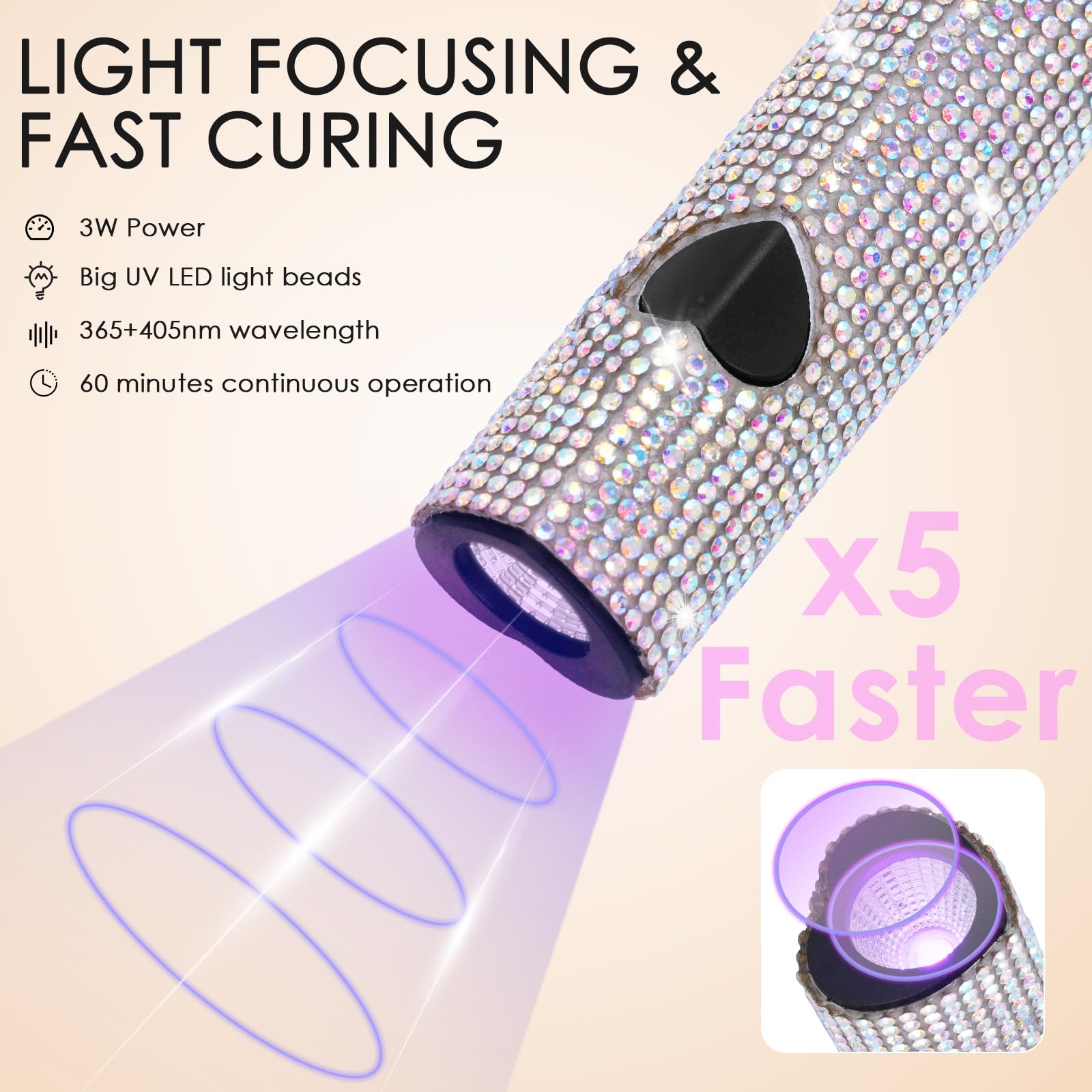 Compact cordless design for polishing nails anywhere.