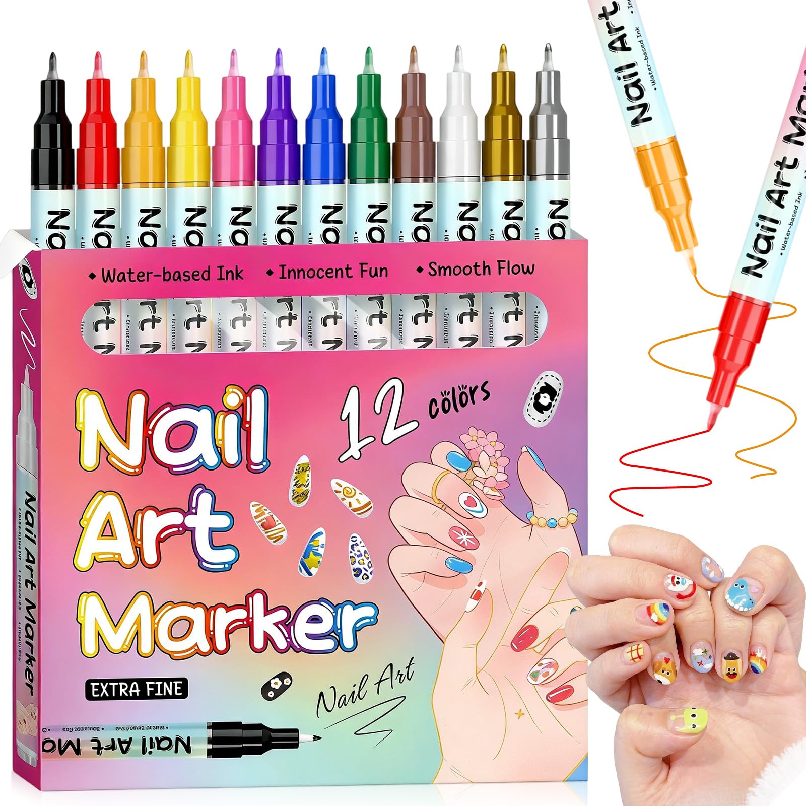 Linyuant Magiart waterproof nail art pen set in 12 colors for vibrant, durable designs