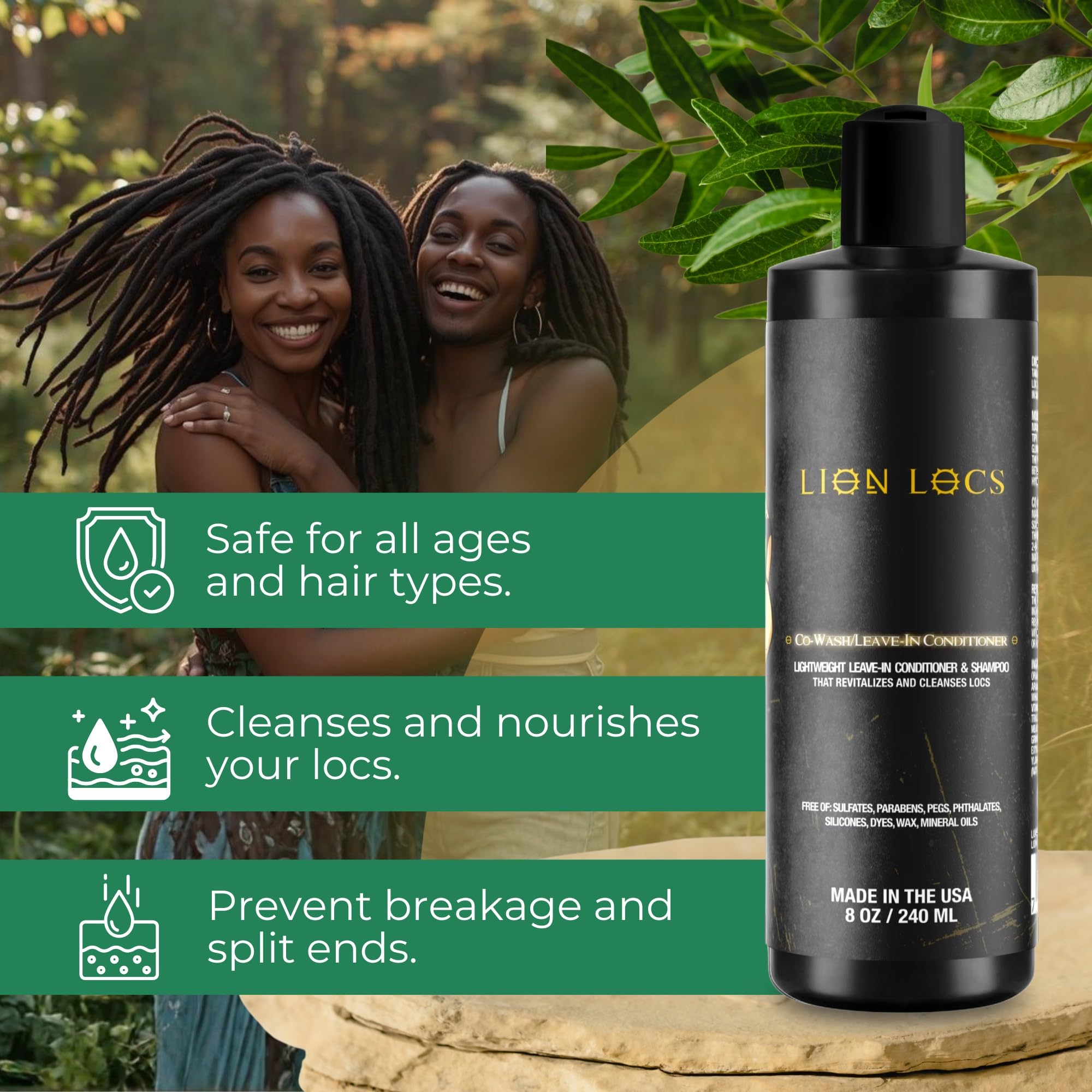 Foamy Lion Locs co-wash on hair, lightweight conditioning.