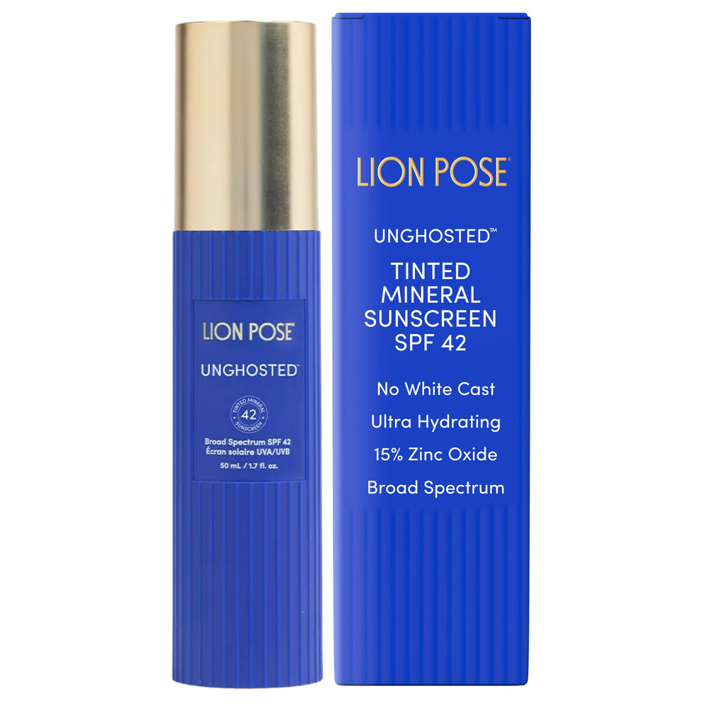 Lion Pose UNGHOSTED SPF42 bottle shows lightweight mineral sunscreen.
