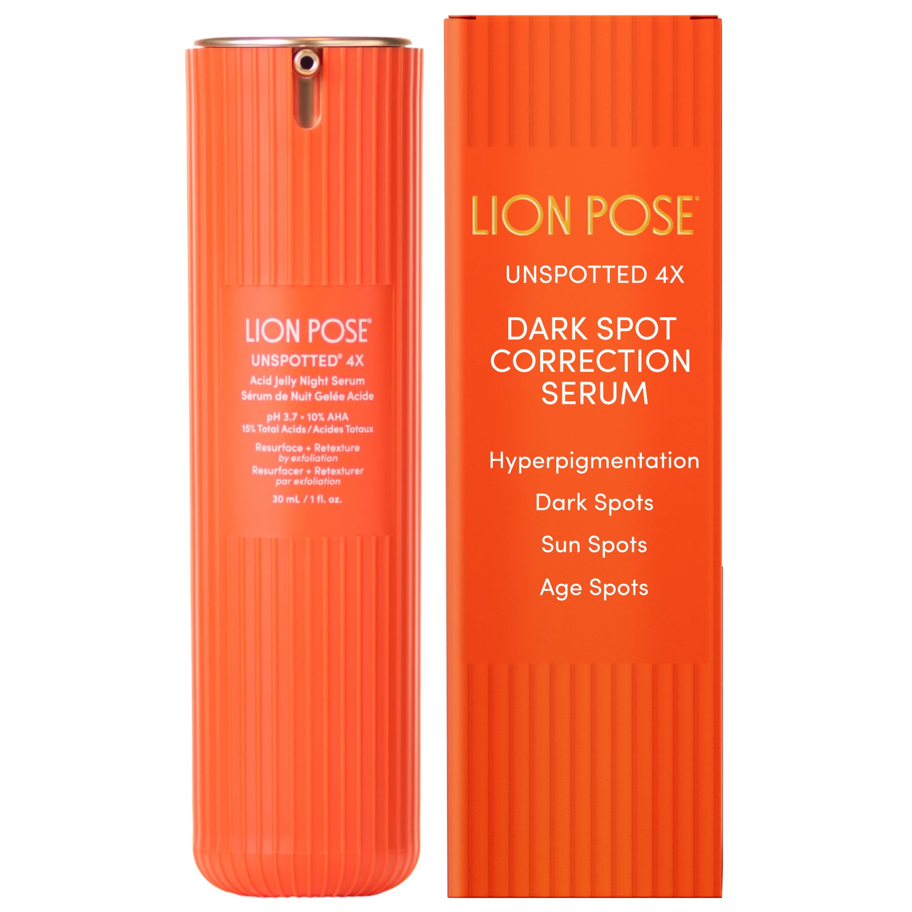 LION POSE UNSPOTTED 4X dark spot serum bottle targeting uneven skin tone.