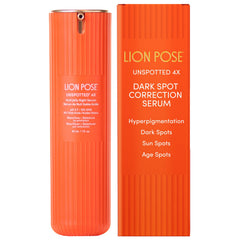 LION POSE UNSPOTTED 4X dark spot serum bottle targeting uneven skin tone.