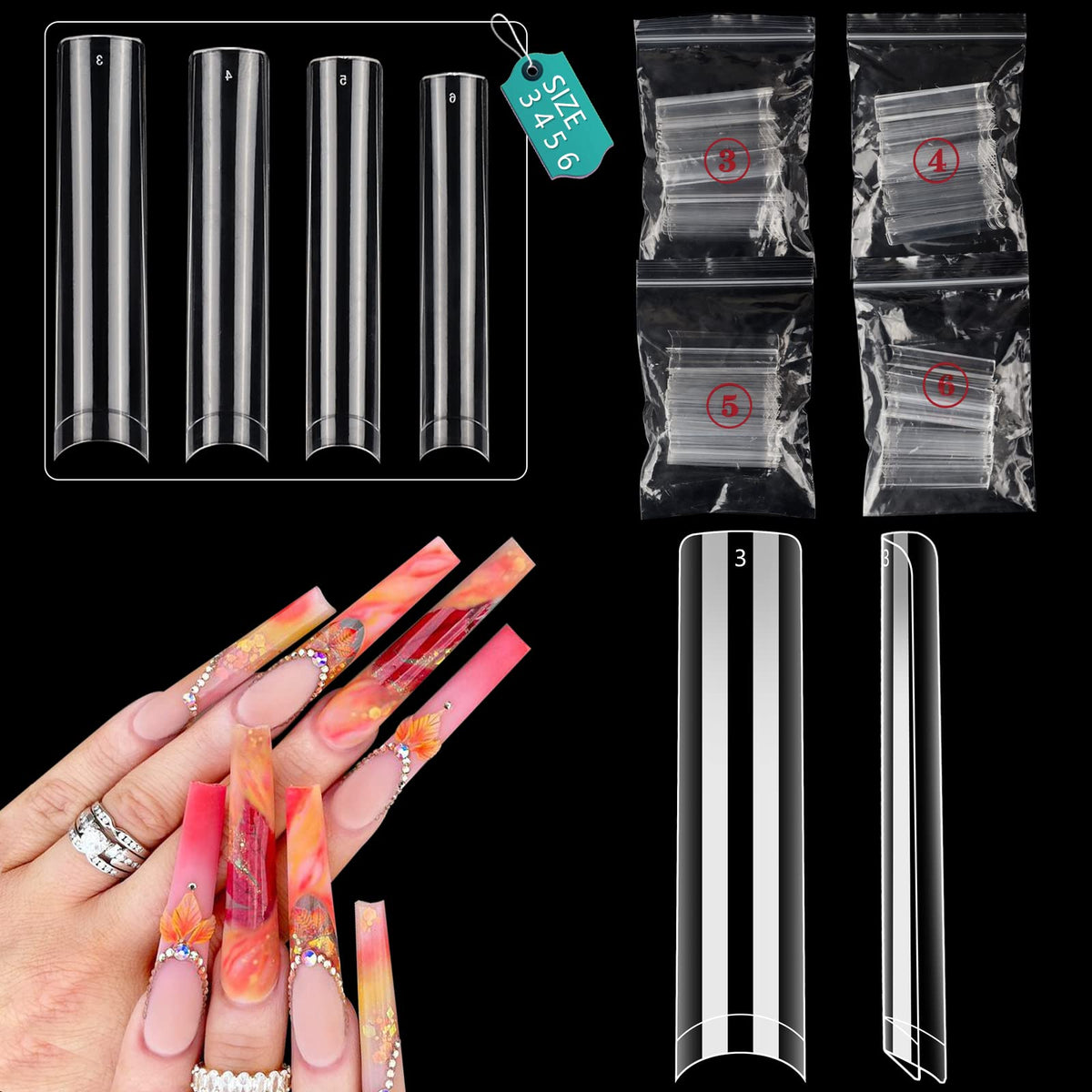 LIONVISION no-Curve flat nail tips long square for natural acrylic extensions.